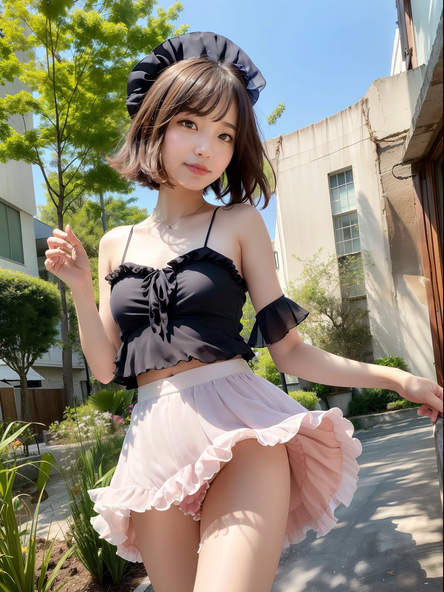 ((of the highest quality, 8K, masutepiece: 1.3, Raw photo)), Sharp Focus: 1.2, (1 AESPA Girl :1.1), Solo, (Realistic, Photorealistic: 1.37), (Face Focus: 1.1), Cute face, hyperdetailed face, (short messy hair: 1.2), Small Smile, Small breasts, flat chest, full nude, (taking off her panties: 1.2), ((chiffon skirt, ruffle-skirt, multilayer-skirt):1.4), wind, Thigh, cafe, bar, lily