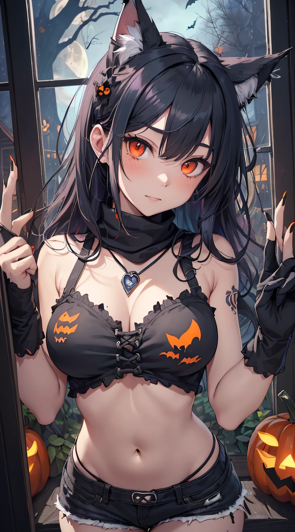 top-quality、Top image quality、masterpiece、teens girl((18year old,Tattered tank top in black and blue,Tattered orange and black shorts、orange scarf,Best Bust、Bust 85、silber hair、Longhaire,Red Eyes、open chest wide、Valley、Happiness、A slender、Blood coating、Leaning forward、Emphasis on the chest、Wolf tattoo、wolf ear、Wolf tail、excited expressions、Black perforated gloves、nails are growing、Jumping on the Attack))hiquality、Beautiful Art、Background with((natta、window、dark sky、Halloween at night、the bats、pumpkins,Nightmare、Inside the Halloween venue、forest pathway))、masutepiece、Elaborate design、visualart、Theatrical films