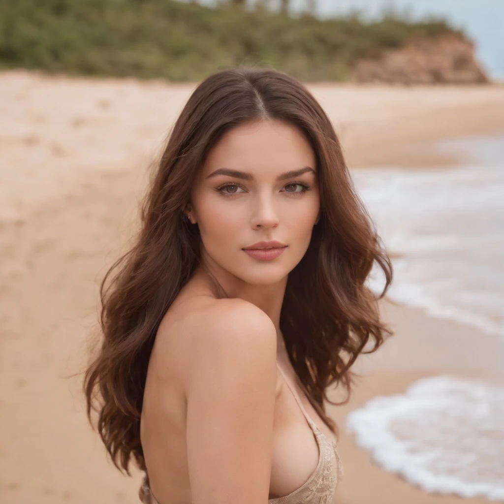 Brunette with perfect body, big boobs and big ass and long light brown hair, chill on beach, sharp background (8k) (photorealistic)