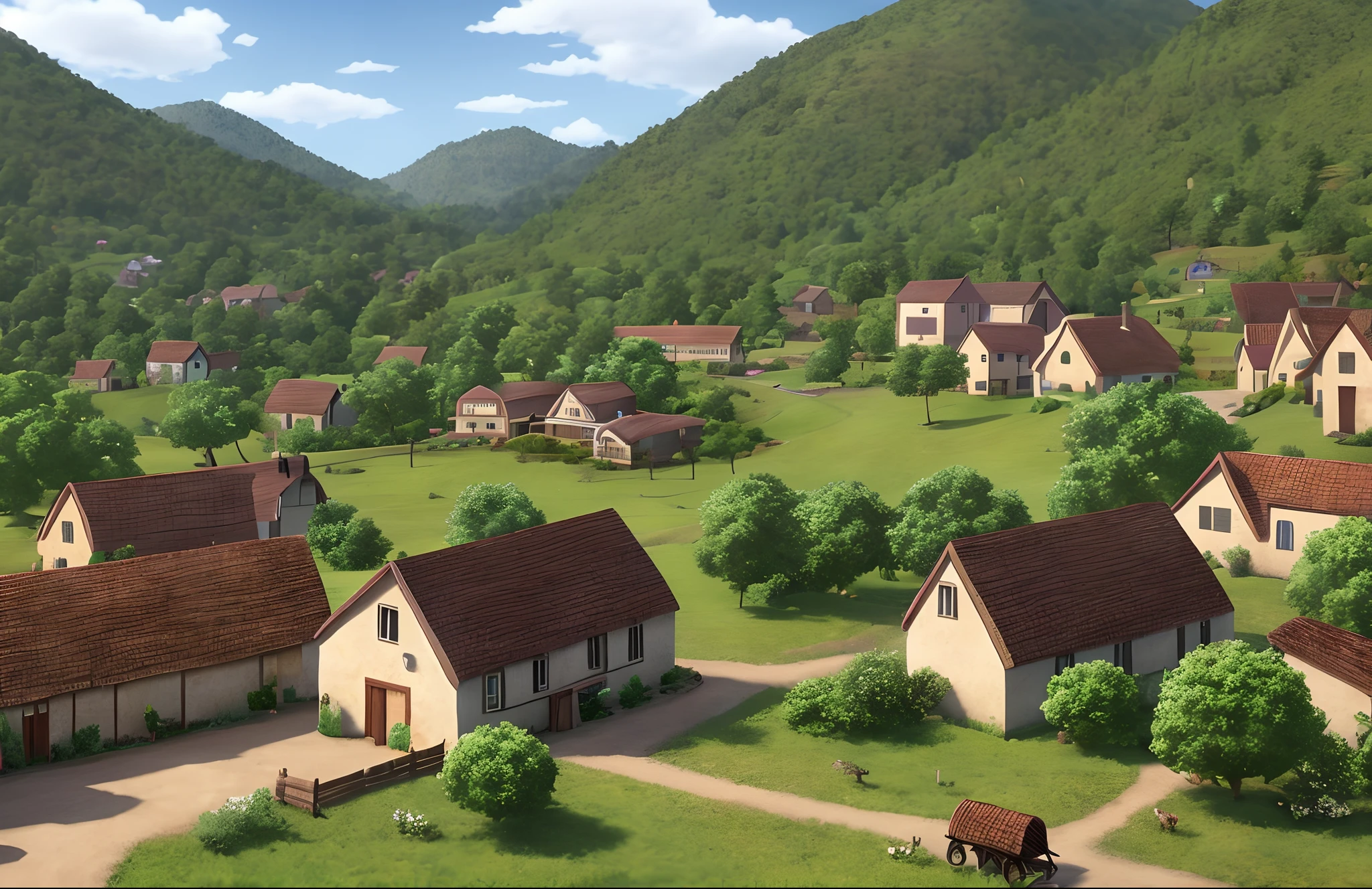 Show an idyllic village nestled among rolling hills. You can use an animated or real-life village scene as a backdrop.