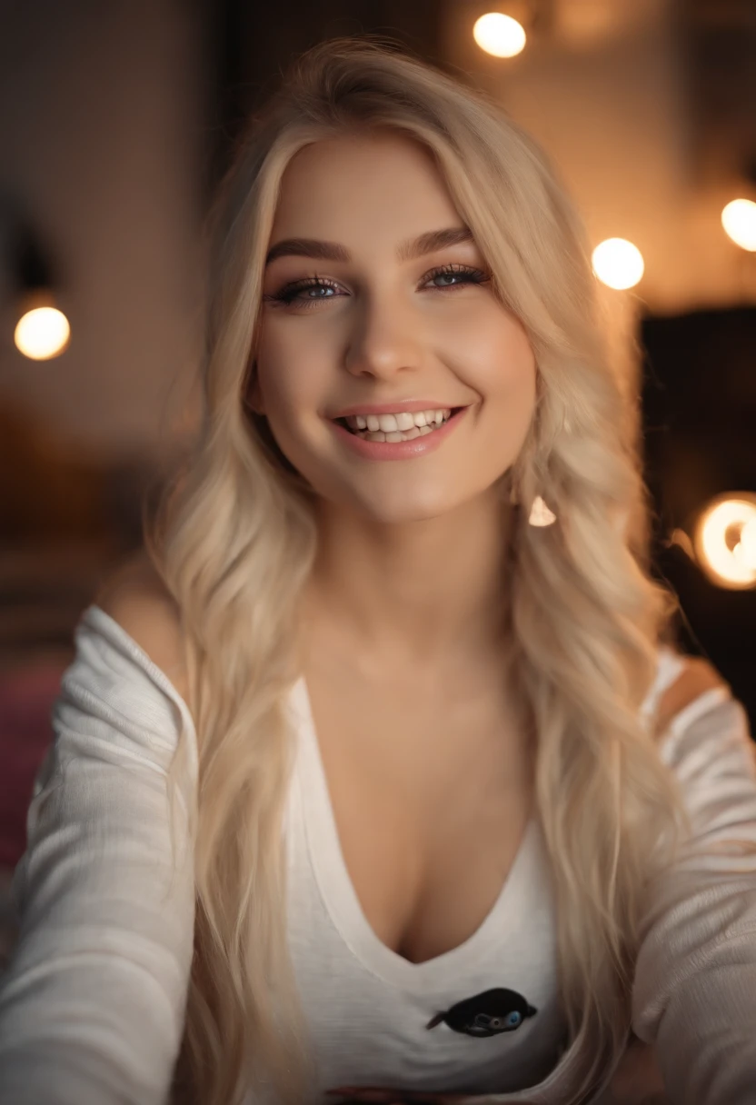 cute 18yo, attractive gamer girl, E-girl with gaming setup with sexy undies and with LED lights and straight blonde hair and a seductive  smile,with cute braces and doing the ahegao face and showing her wet tongue, gaming and looking towards camera with medium boobs and eGirl makeup and long lashes and eyeliner