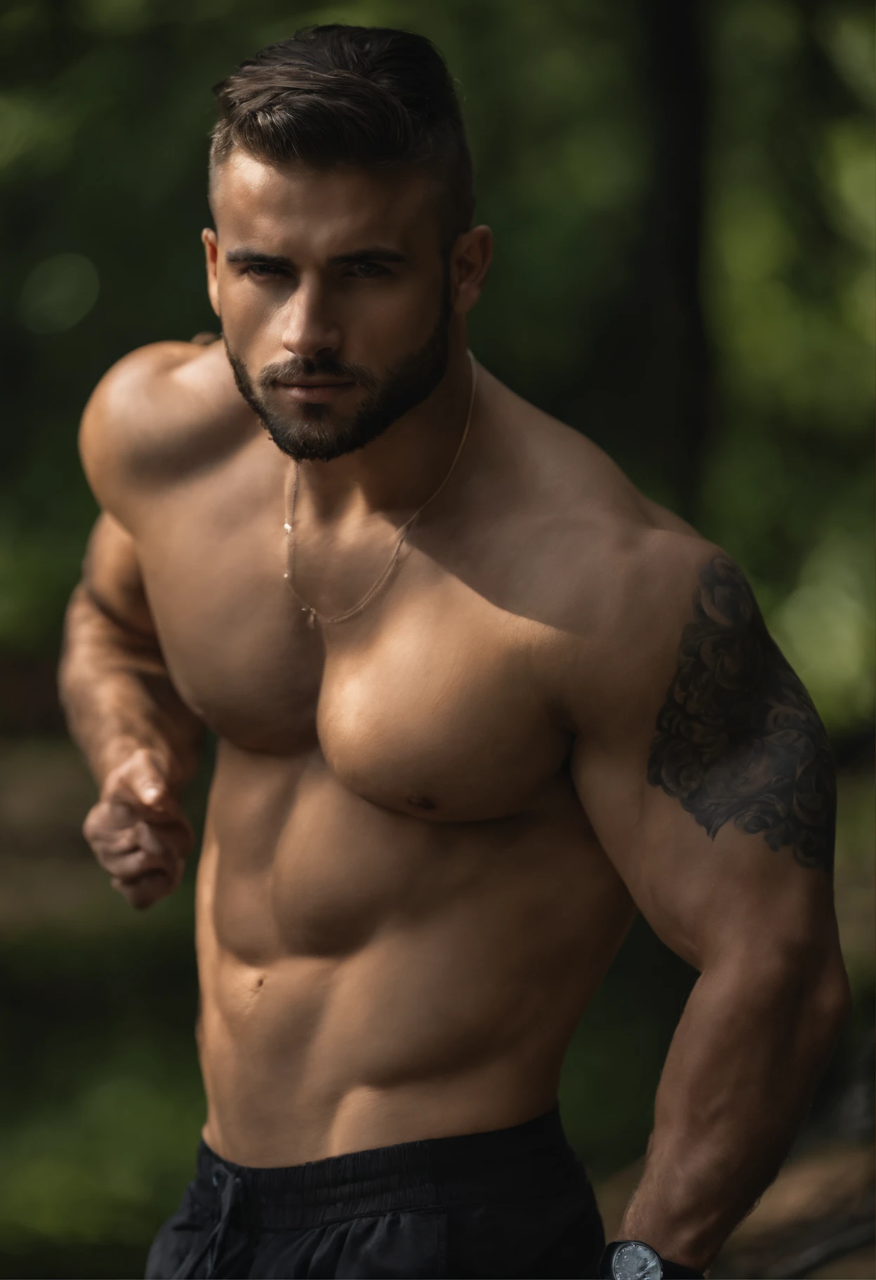 {Retrato de cuerpo entero}, Lake harmony, Modelo delgado, Cabello corto negro rizado, vello en las axilas, Cara redonda, ((Mostrar piernas)), pecho peludo, vello del vientre peludo, Mostrar pies, ((masculino)), NIKON, Perfect male anatomy, foco nítido, En pie, muscular, amazing composition, dynamic pose , Estilo de John Collier, colores apagados, Altamente detallado, Hombre hermoso, muy guapo, pantalon corto negro con cuerdas blancas