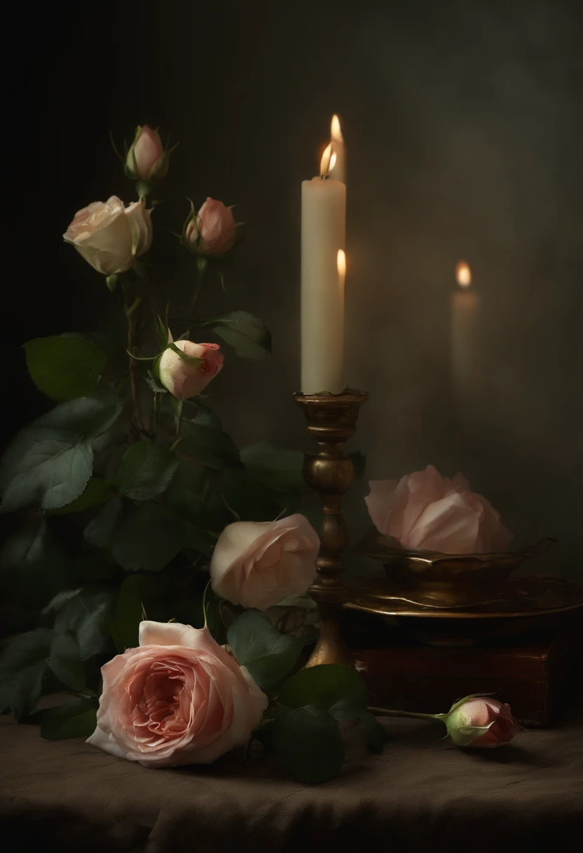 A detailed description of the prompt:
"Best quality, A high resolution, Masterpiece:1.2, Ultra-detailed, Realistic:1.37, Withering roses,rose petals,Dark Still Life, Oil painting, mystical ambiance, Dim lighting, Rich textures, Vivid colors, Intricate details, intense shading, Aging objects, Withered rose A delicate reflection, GLOOMY AMBIANCE, hauntingly beautiful, Creepy elements, Delicate brushstrokes, Engaging composition。, Classical art style, Tonal contrast, Dramatic shadows, Spooky existence, Incredible objects, Intricate decay details, Gloomy color palette, The depth and dimensions of the capture, Emotions hidden in the dark, Realistic rendering, Strong chiaroscuro, Delicate texture, Tiny details of each object, An impeccable depiction of aging, Unforgettable vulnerability, Ethereal atmosphere, Complex layers of symbolism."