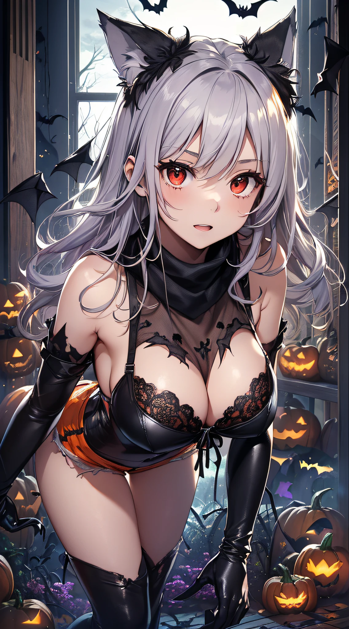 top-quality、Top image quality、​masterpiece、s girl((18year old,Black leather bra、Tattered tank top in black and blue,Tattered orange and black shorts、orange scarf,Best Bust、Bust 85、silber hair、Longhaire,Red Eyes、open chest wide、Valley、Happiness、A slender、Blood coating、Leaning forward、Emphasis on the chest、Wolf tattoo、wolf ear、Wolf tail、excited expressions、Black perforated gloves、nails are growing、Leans forward heavily)）hiquality、Beautiful Art、Background with((natta、window、dark sky、Halloween at night、the bats、pumpkins,Nightmare、Inside the Halloween venue、forest pathway))、masutepiece、Elaborate design、visualart、Theatrical films