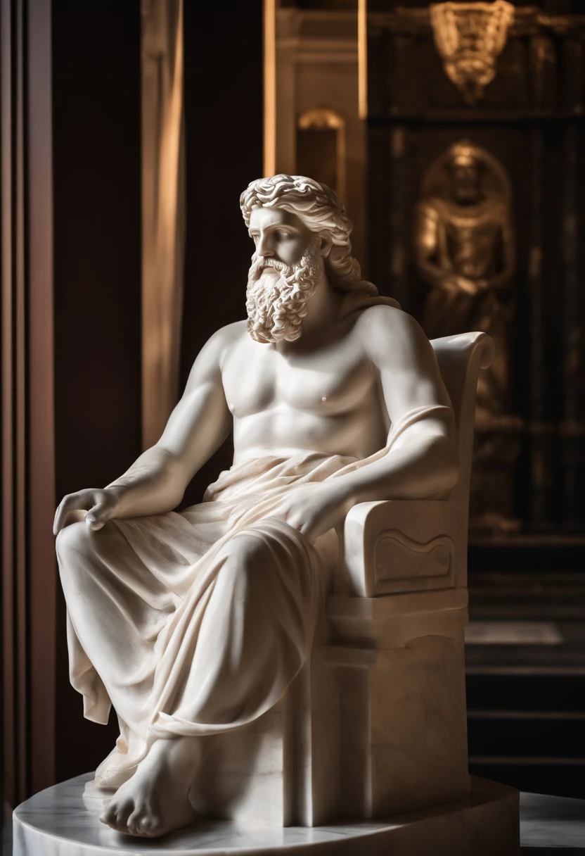 been Dubai city skylines in a shape of white marble statues, In the museum in the style of a bearded Greek philosopher, full body, sitting on a throne, dark ambiance, High contrast between light and shadow, professional photoshooting, List of Utreria, Amount of light, cinematic ligh