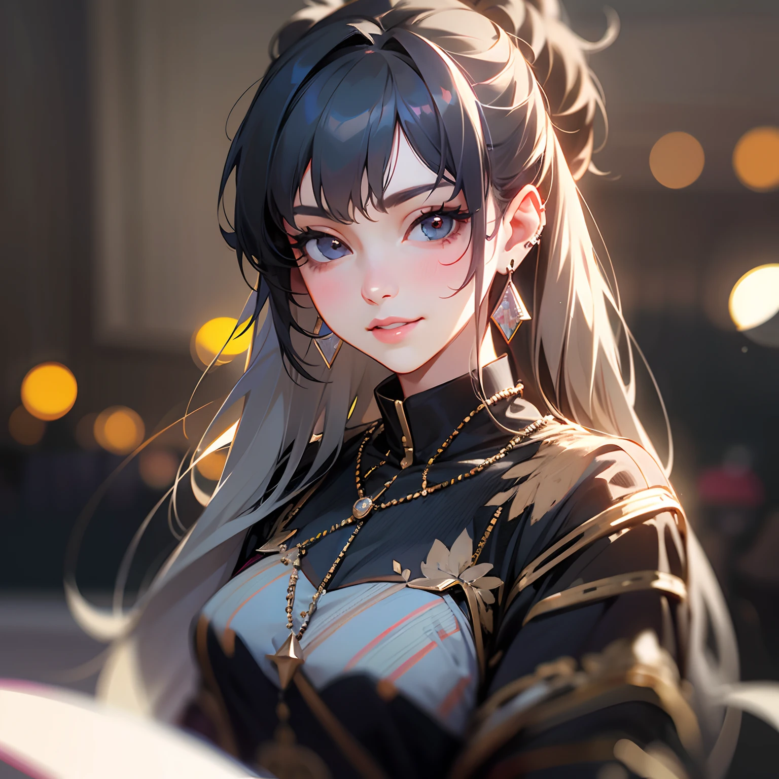 Solo, Jewelry, earrings, Long hair, 1girl in, Cute, gaze at the audience, Portrait, Gray hair, Blurred, Black hair, a smile, Nero, fringed earrings, Realistic, Lowly lips, Background blurred yukata、A little bit、25-years old