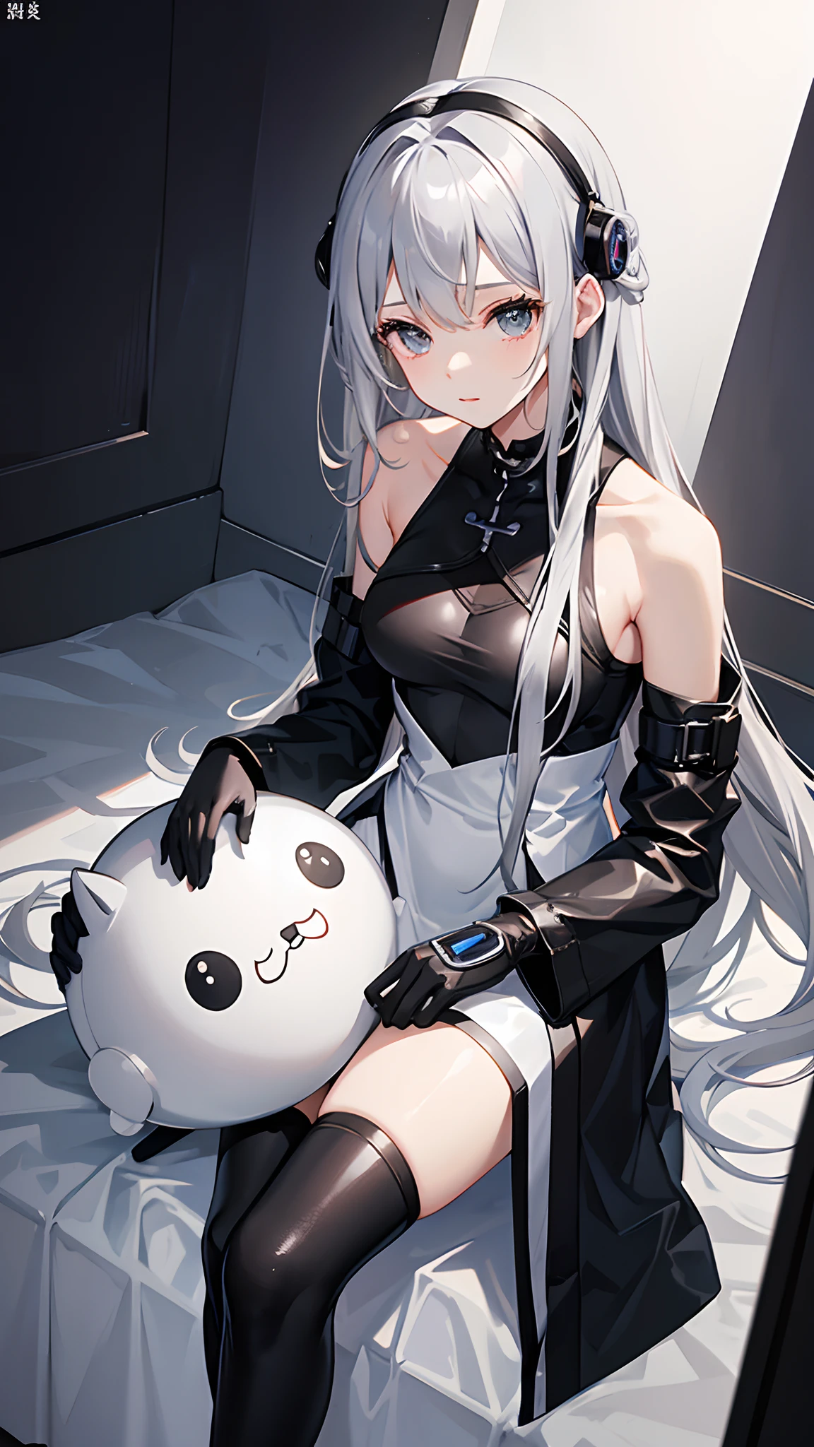 Silver-haired woman、One woman、cute little、20yr old、AI、Black clothe、plugsuit、top-quality