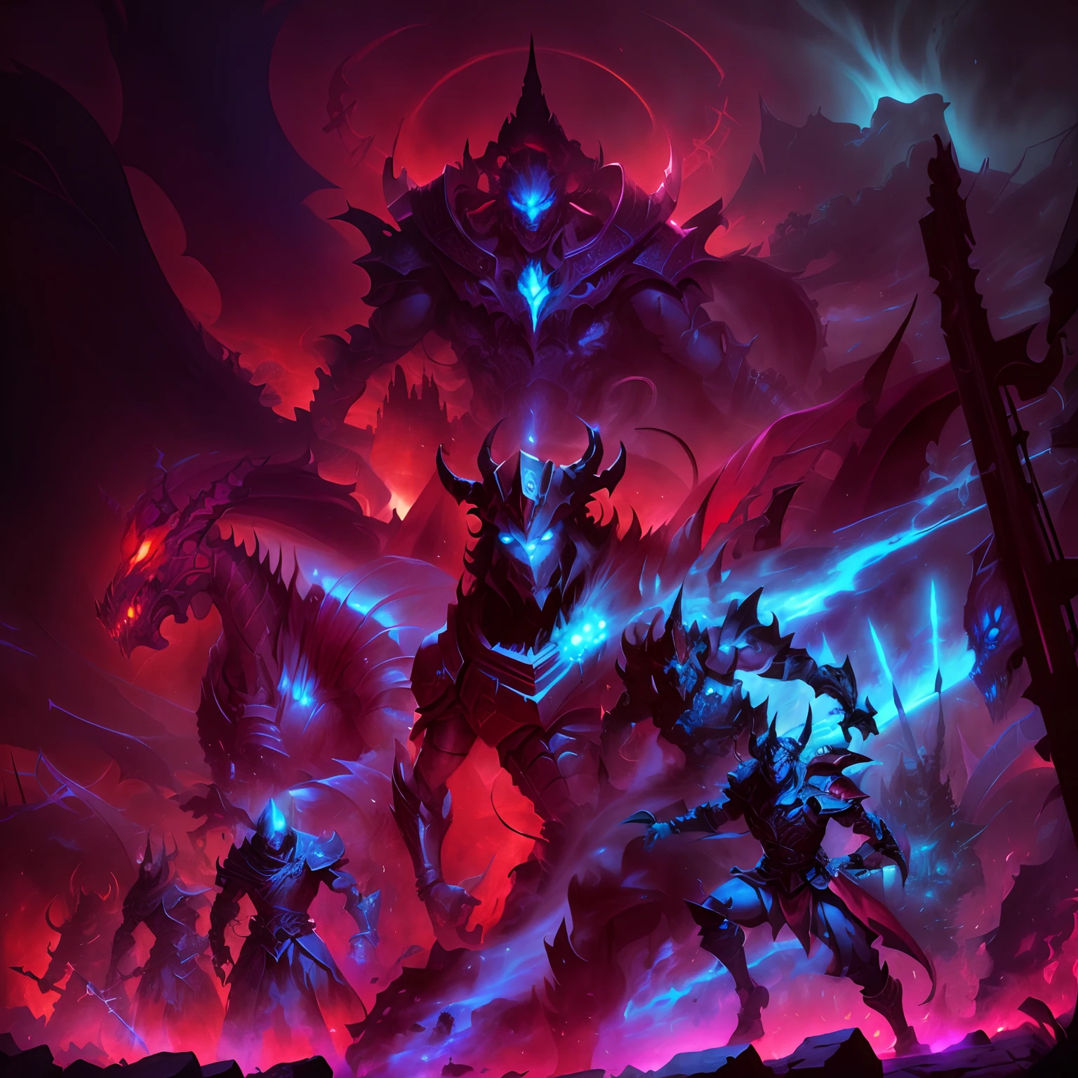 Castlevania Lord of the shadows with red turban and his band of Demilsacque creatures are in a dark room, 6 Billion Style Demons, ils, epic fantasy digital art style, high detailed official artwork, Pochette du MDN, Epic RPG illustration, Epic color illustration, Tonnerre fractal Dan Mumford, Guyver Style, Four Horsemen of the Apocalypse, epic fantasy art style, Guyver's Dark Hero, Illustration of epic fantasy