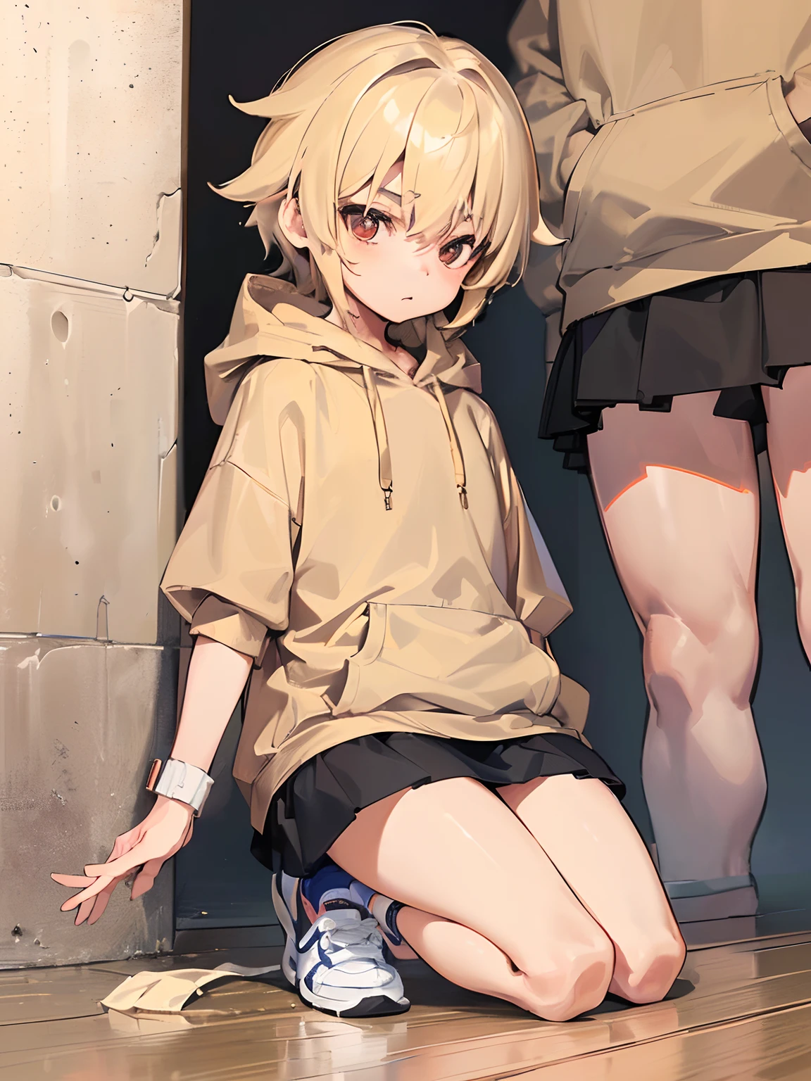 (((7--old ))), ((child))shota))), very short hair, (Oversized beige hoodie), ((beige big hoodie), ((mini-skirt)), ((bare thigh)), ((thigh focus)), sneakers, A small cute bnny)), full body, (best Quality), (Amazing Details:1.2), 8k, official art, extremely detailed CG,erection