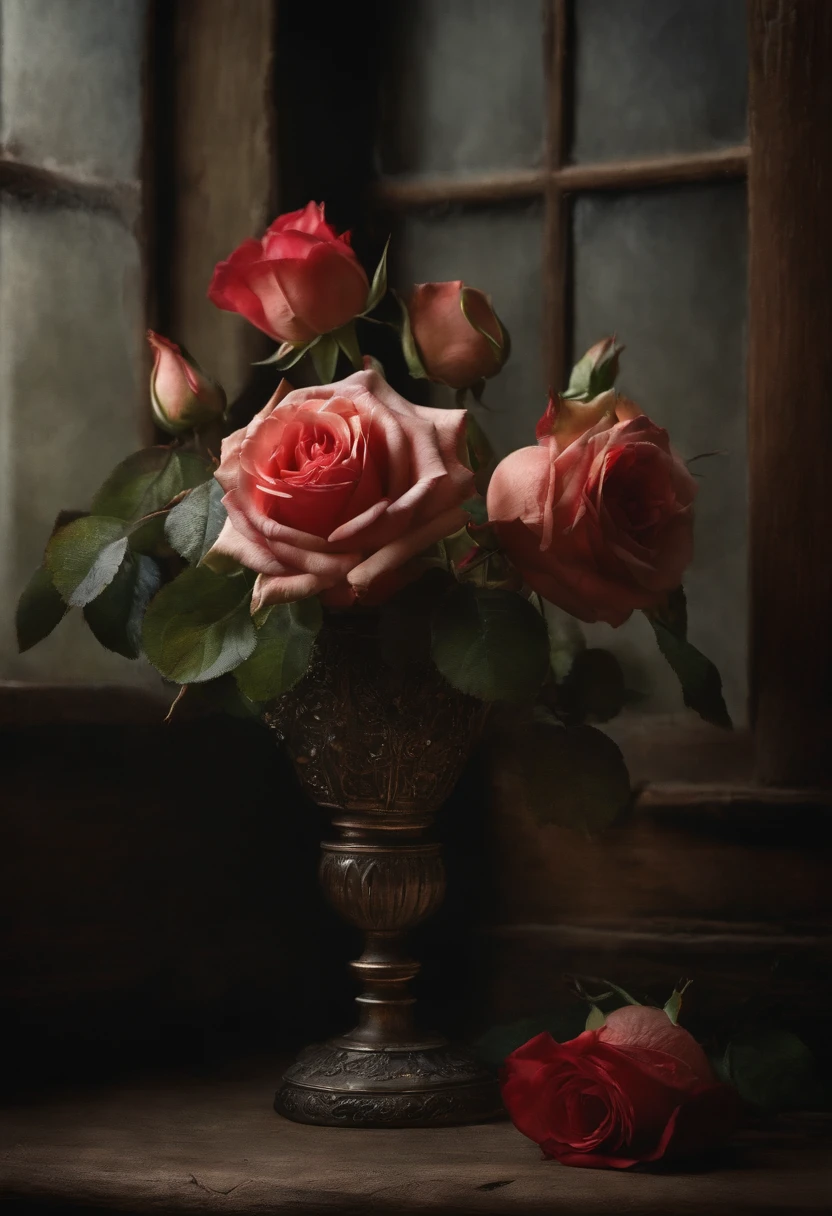 A detailed description of the prompt:
"Best quality, A high resolution, Masterpiece:1.2, Ultra-detailed, Realistic:1.37, In the garden,Wilted roses,rose petals,Dark Still Life, Oil painting, mystical ambiance, Dim lighting, Rich textures, Vivid colors, Intricate details, intense shading, Aging objects, Withered roses Delicate reflections, GLOOMY AMBIANCE, hauntingly beautiful, Creepy elements, Delicate brushstrokes, Engaging composition。。, Classical art style, Tonal contrast, Dramatic shadows, Spooky existence, Incredible objects, Intricate decay details, Gloomy color palette, The depth and dimensions of the capture, Emotions hidden in the dark, Realistic rendering, Strong chiaroscuro, Delicate texture, Tiny details of each object, An impeccable depiction of aging, Unforgettable vulnerability, Ethereal atmosphere, Complex layers of symbolism."