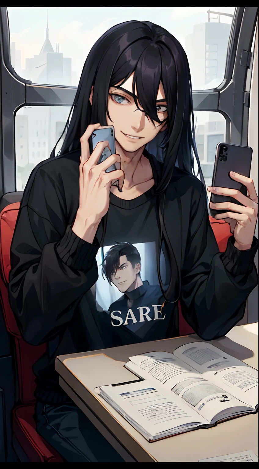 A handsome boy, 20 years old, a psychopath face, evil smile, hair is long, long hair with bangs, wearing a black sweatshirt, and holding a mobile phone in his hand, cell phone call