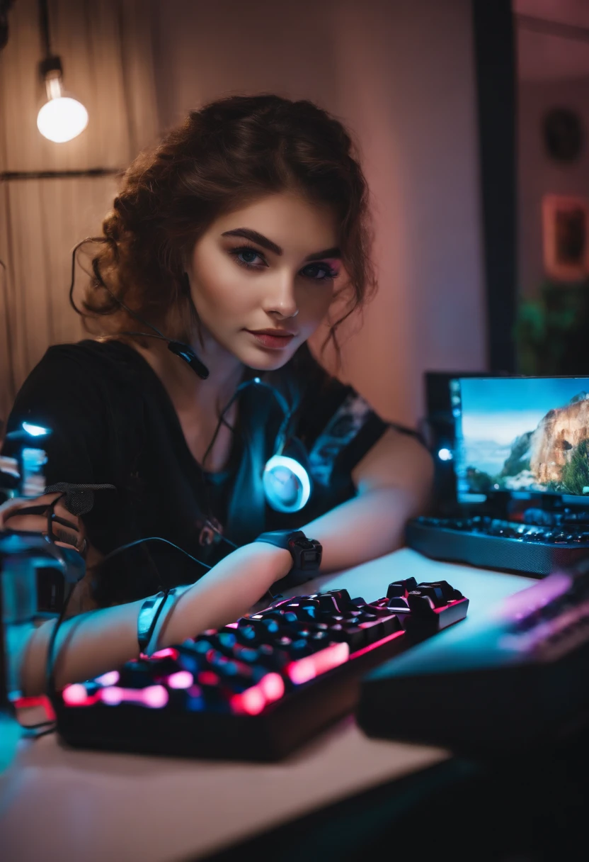 cute 18yo, attractive gamer girl, E-girl with gaming setup wit
