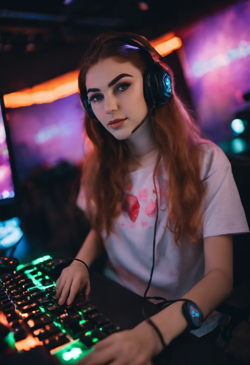 cute 18yo, attractive gamer girl, E-girl with gaming setup wit