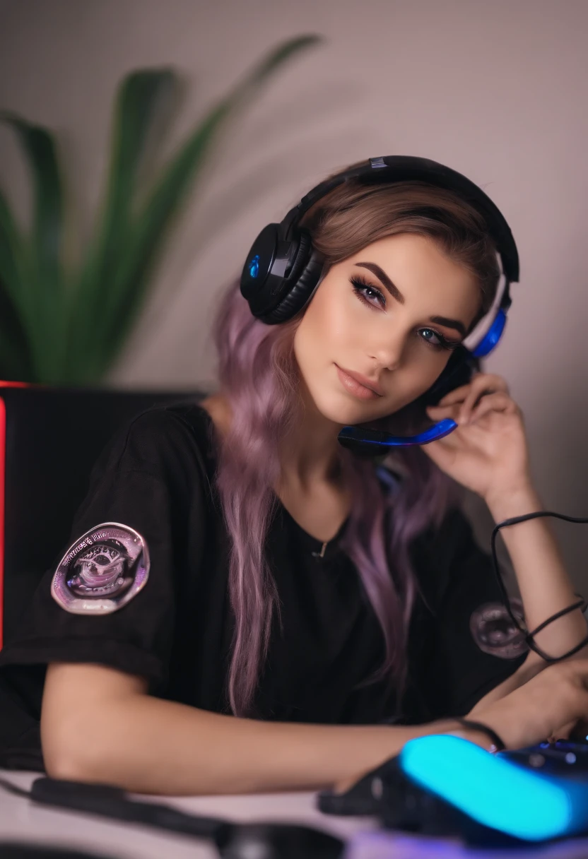 cute 18yo, attractive gamer girl, E-girl with gaming setup wit