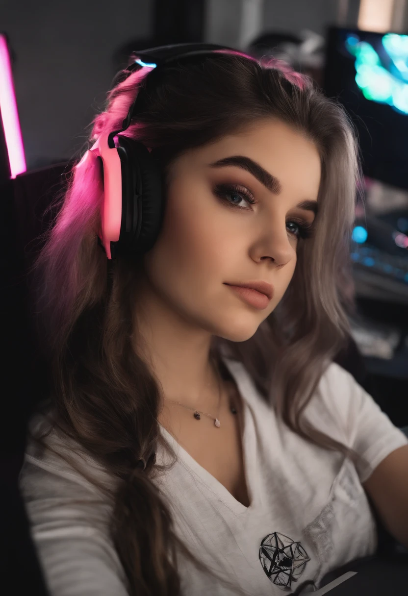 cute 18yo, attractive gamer girl, E-girl with gaming setup wit