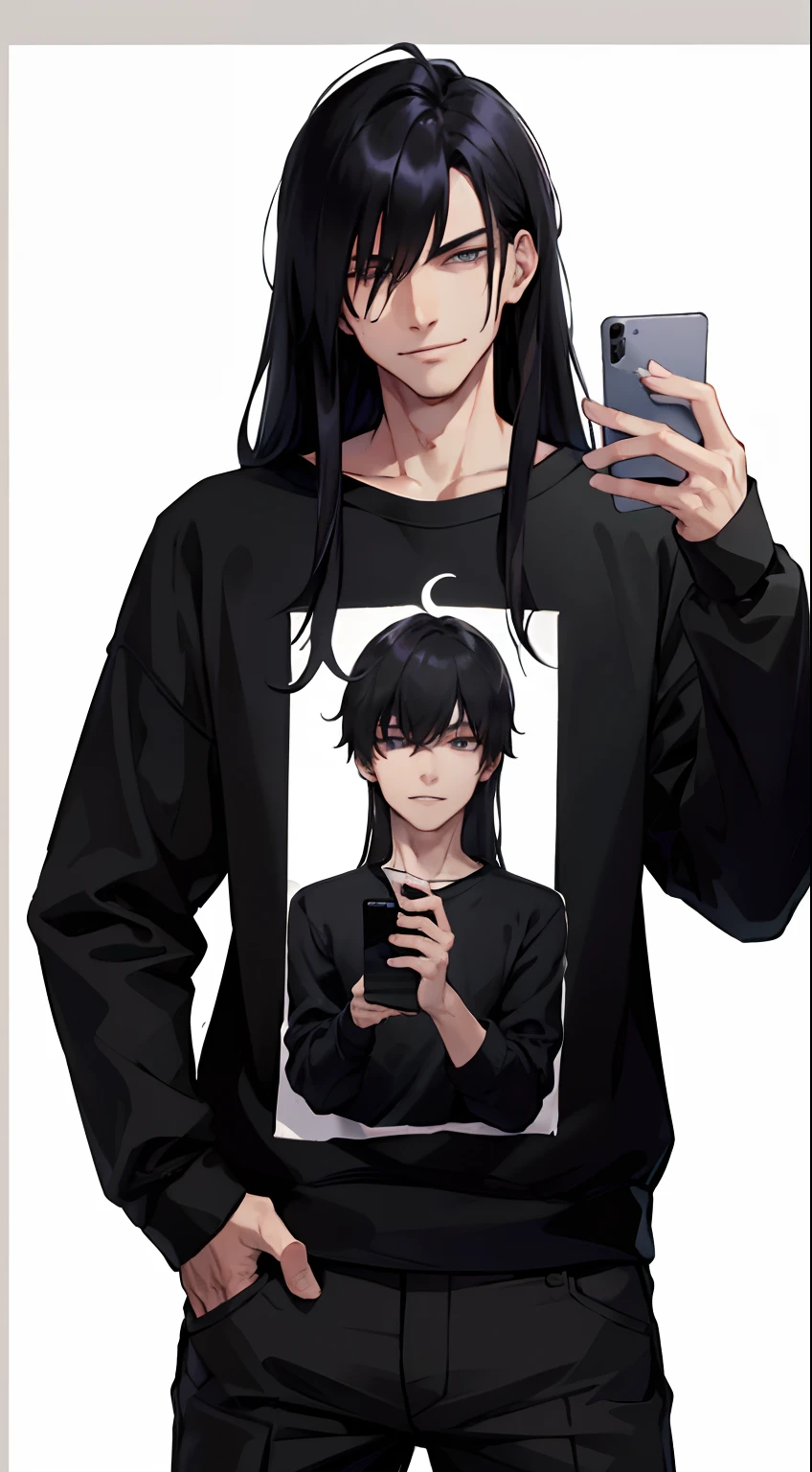 A handsome boy, 20 years old, a psychopath face, evil smile, hair is long, long hair with bangs, wearing a black sweatshirt, and holding a mobile phone in his hand, cell phone call