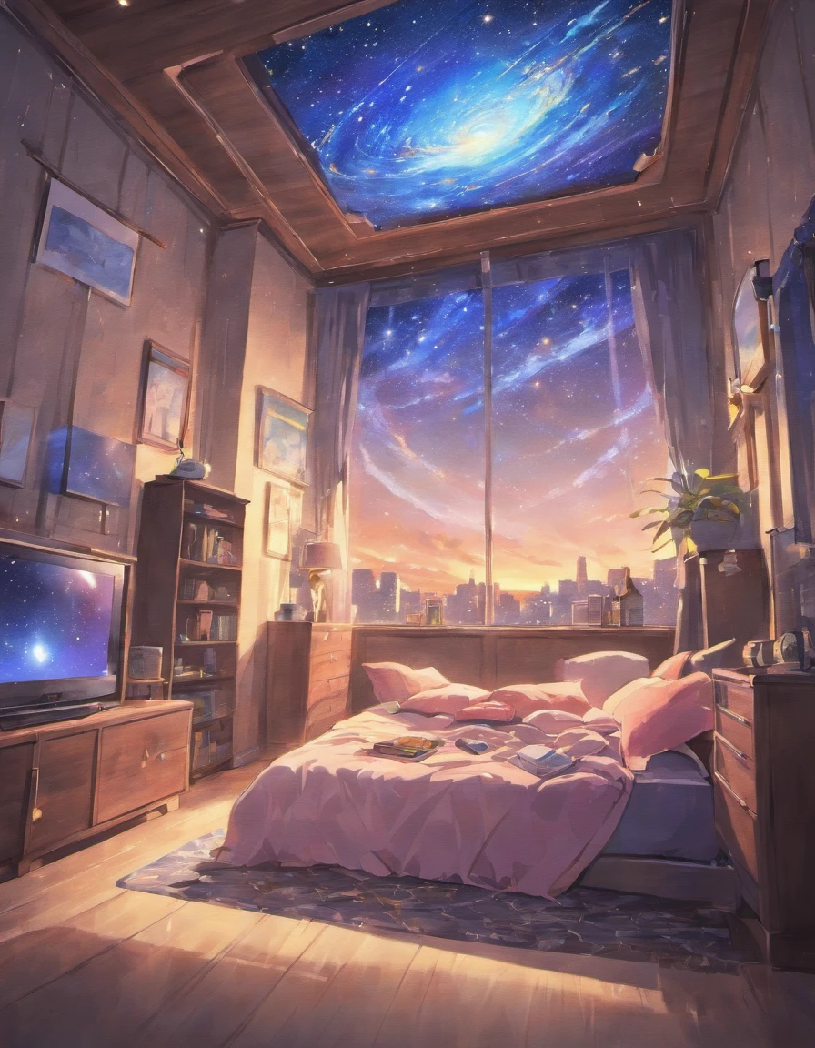 room unattended starry sky bed tv clock