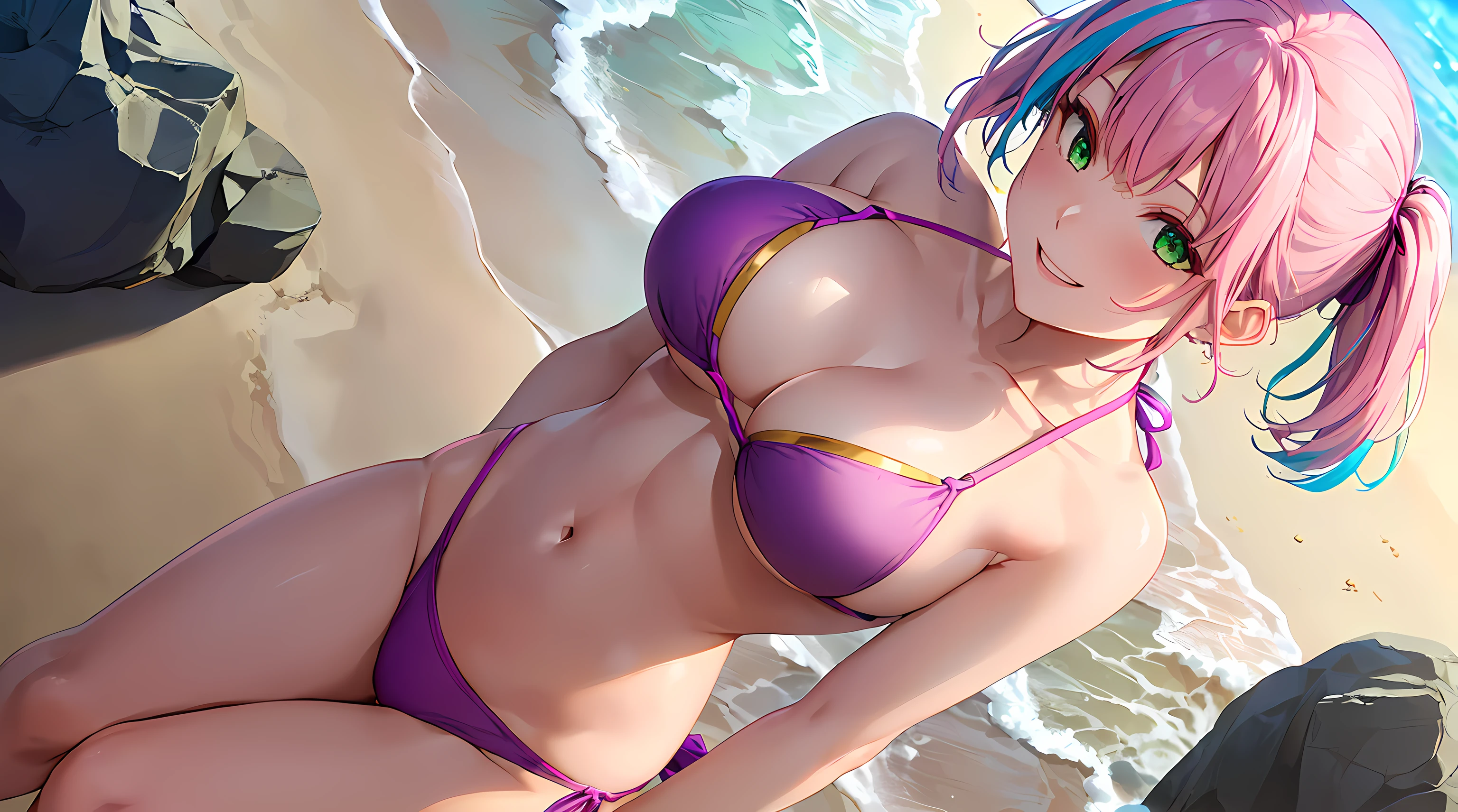 ​masterpiece, 1girl ((20year old, purple and pink bikini exposes navel, medium breasts, multicolor pink hair, twin ponytails, green eyes, flirting, happy, big smile, standing on a beach, calming and relaxing atmosphere)) ((high camera angle, top view)) ((athletic, perfect model body))