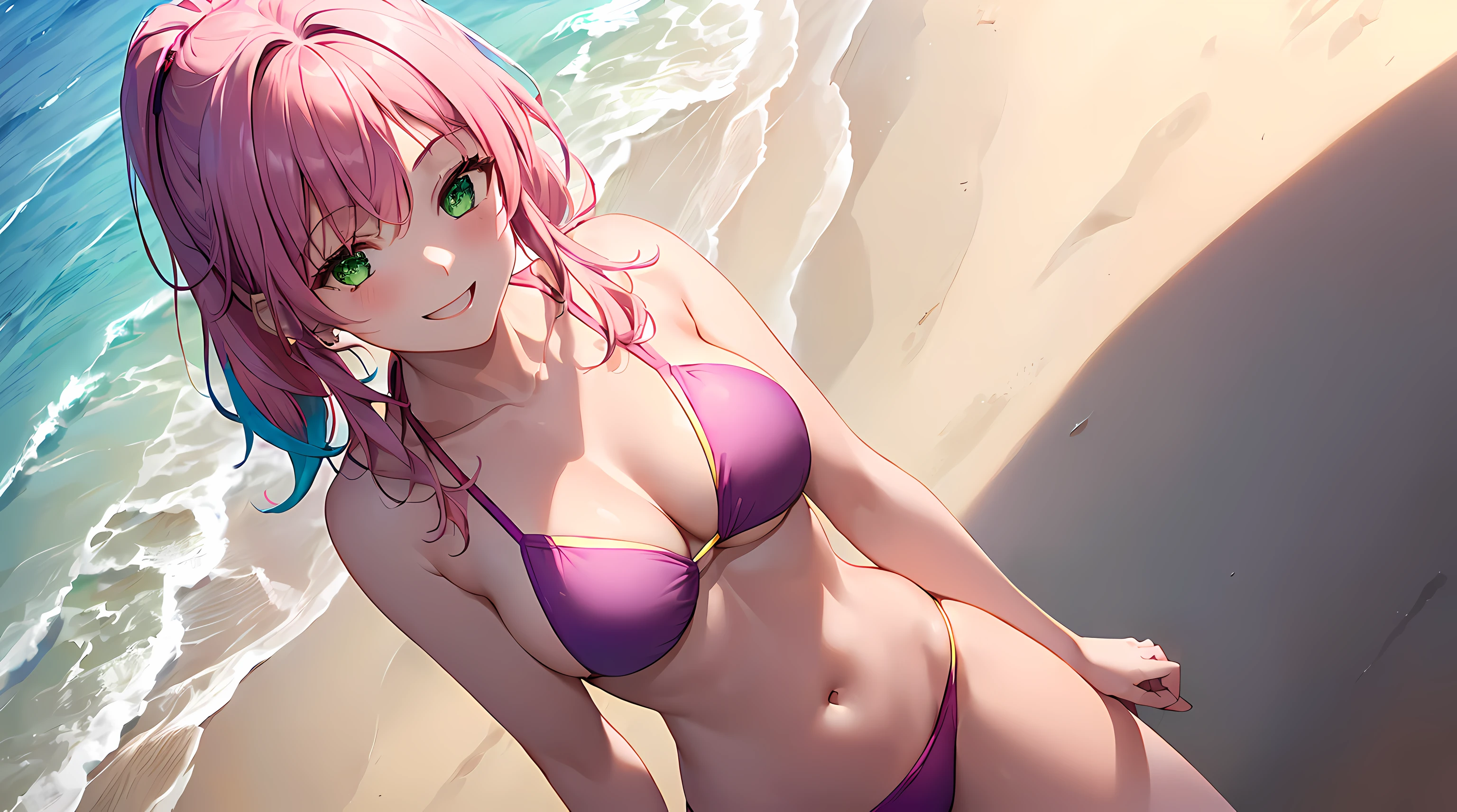 ​masterpiece, 1girl ((20year old, purple and pink bikini exposes navel, medium breasts, multicolor pink hair, twin ponytails, green eyes, flirting, happy, big smile, standing on a beach, calming and relaxing atmosphere)) ((high camera angle, top view)) ((athletic, perfect model body))