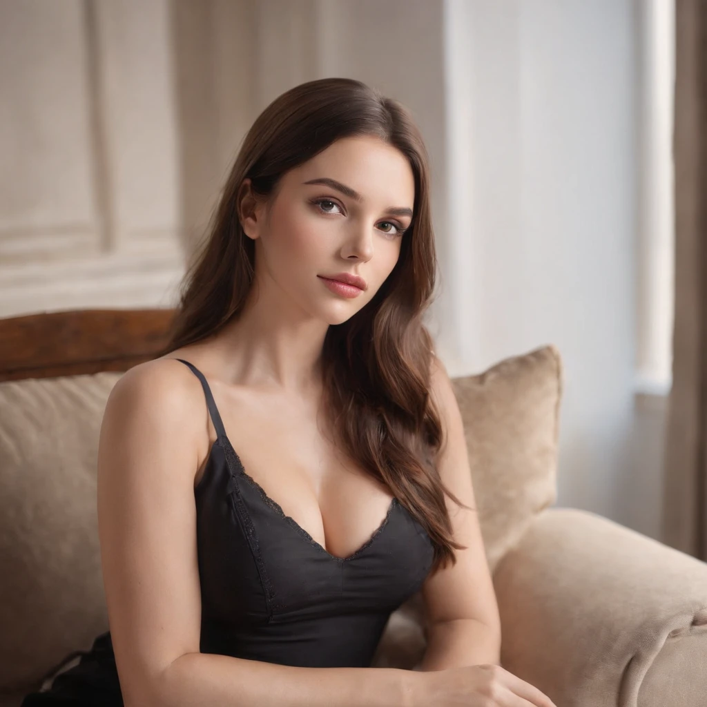 (brunette,girl,perfect body,big boobs,big ass,long light brown hair),(on her couch),(sharp background),(8k,highres,masterpiece:1.2),(photorealistic:1.37),ultra-detailed,(professional,studio lighting),vivid colors