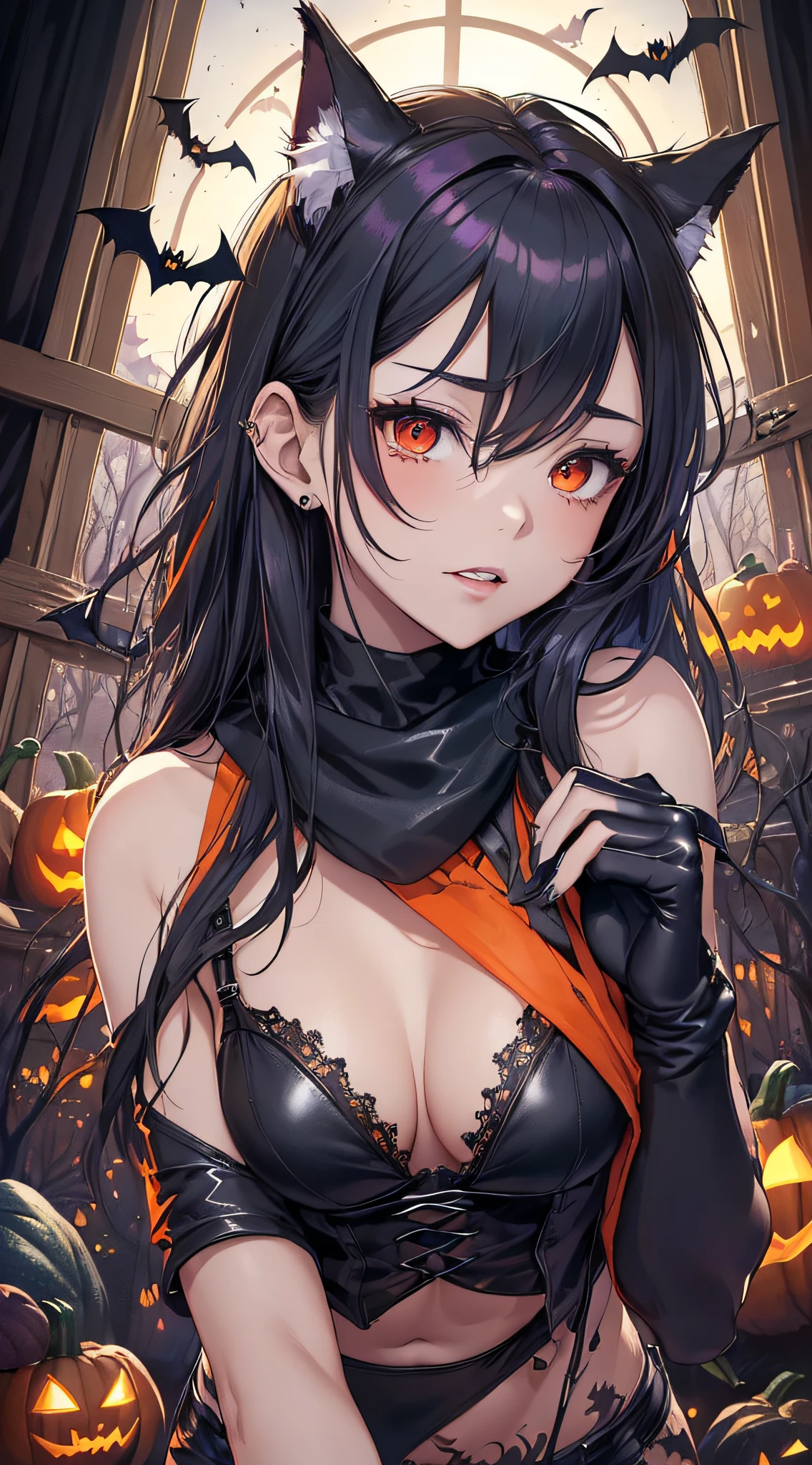 top-quality、Top image quality、masterpiece、teens girl((18year old,Black leather bra、Tattered tank top in black and blue,Tattered orange and black shorts、orange scarf,Best Bust、Bust 85、silber hair、Longhaire,Red Eyes、open chest wide、Valley、Happiness、A slender、Blood coating、Leaning forward、Emphasis on the chest、Wolf tattoo、wolf ear、Wolf tail、excited expressions、Black perforated gloves、nails are growing、jumpping))hiquality、Beautiful Art、Background with((natta、window、dark sky、Halloween at night、the bats、pumpkins,Nightmare、Halloween、forest pathway))、masutepiece、Elaborate design、visualart、Theatrical films