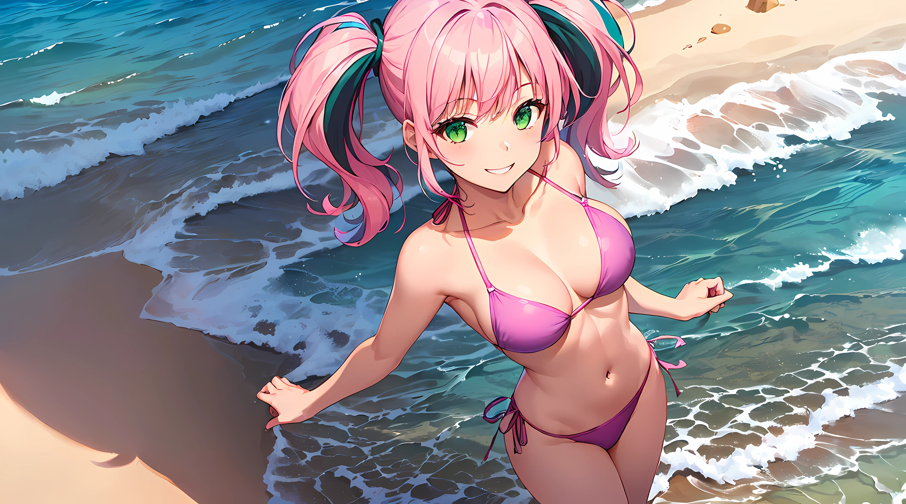 masterpiece, 1girl ((20year old, purple and pink bikini exposes navel, medium breasts, multicolor pink hair, twin ponytails, green eyes, flirting, happy, big smile, standing on a beach, calming and relaxing atmosphere)) ((high camera angle, top view)) ((athletic, perfect model body))
