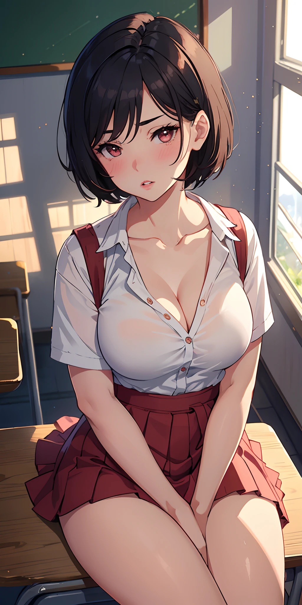 1girl, short hair, mature, milf, parted lips, blush, makeup, provoking, sitting, school uniform, classroom, light rays, glow, thighs, collarbone, narrow waist, (masterpiece), wallpaper, wide angle, from above