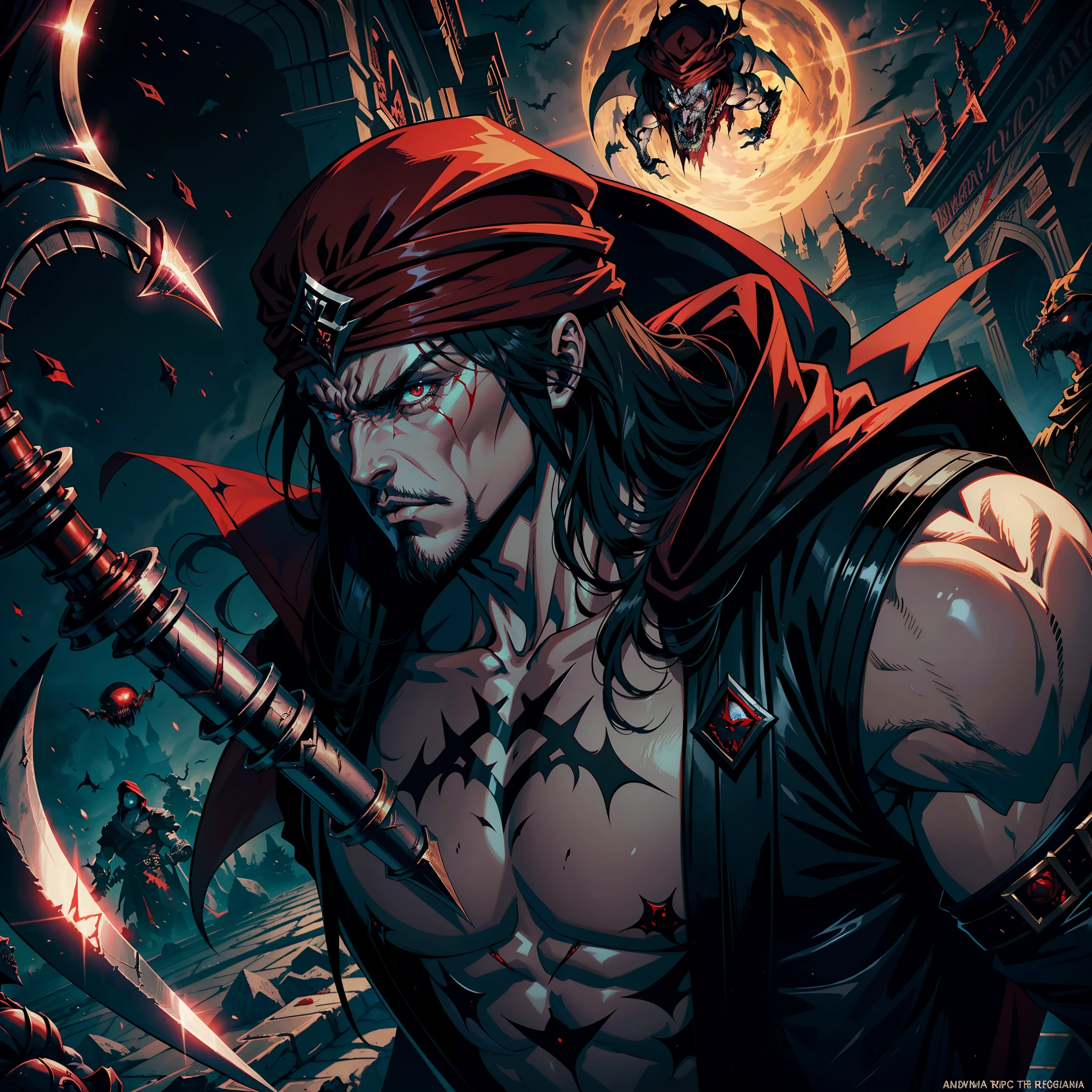 Castlevania Hyper Realistic Shadow Lord Super Detailed Dynamic Shot Master Piece of Lord Dracula Medieval Arab Warrior with Red Turban Scary Face Hokuto No Ken Structure Muscular Face Kenshiro Troops at the head Army of demons to fight sharp details Cinematic Scenes Epic Movie Movie Hyper Realistic Movie Legendary Movie Epic Movie