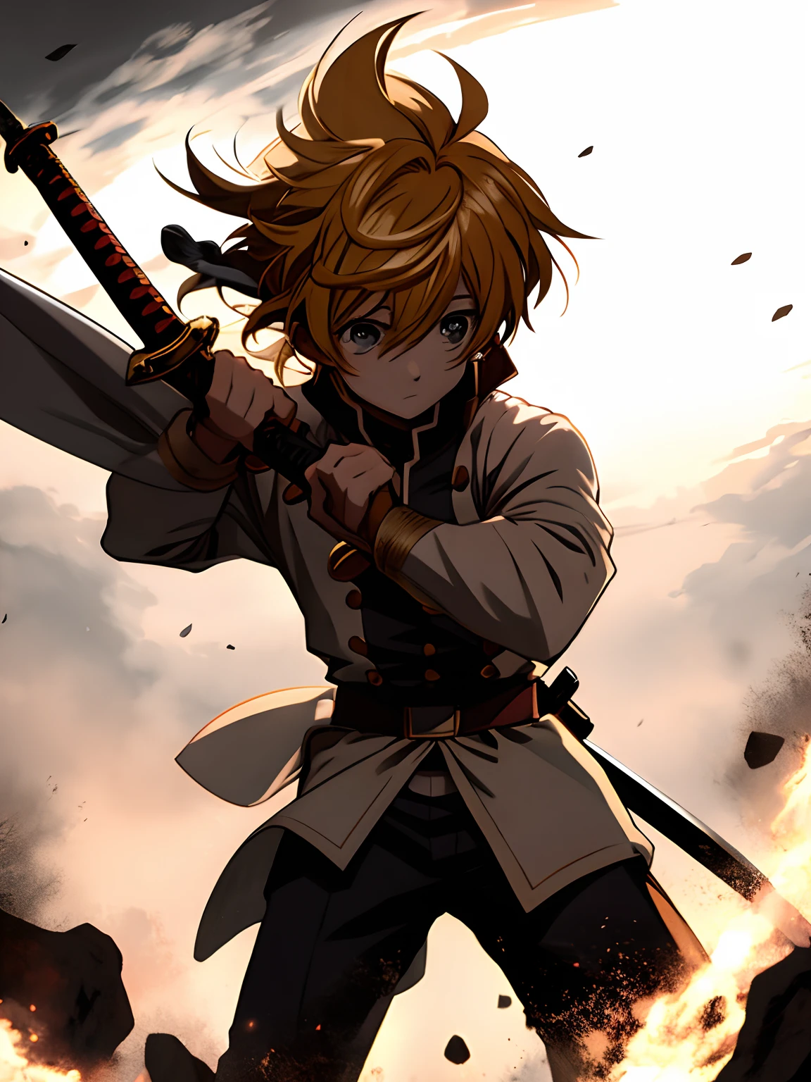 Meliodas holding a sword, he is in position to counterattack
