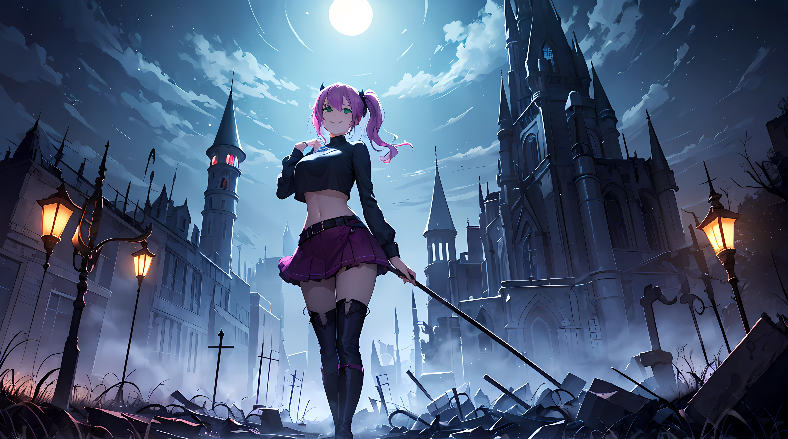 masterpiece, 1girl ((20year old, dressed as an evil sorceress, crop top exposes navel, boots, medium breasts, multicolor pink hair, twin ponytails, perfect model body, green eyes:1.4, flirting, happy, big smile, standing in a evil graveyard:1.1 with an old haunted castle in the background at night:1.1, moonlight:1.2, scary, spooky, dark atmosphere:1.2)) ((nighttime)) ((solo:1.6))