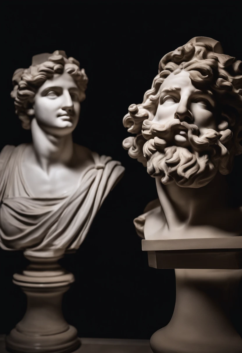 bust of white marble greek statues as taking selfie from a phone and smiling, In the museum in the style of a Greek statues, dark ambiance, High contrast between light and shadow, professional photo-shooting, List of Utreria, Amount of light, cinematic light