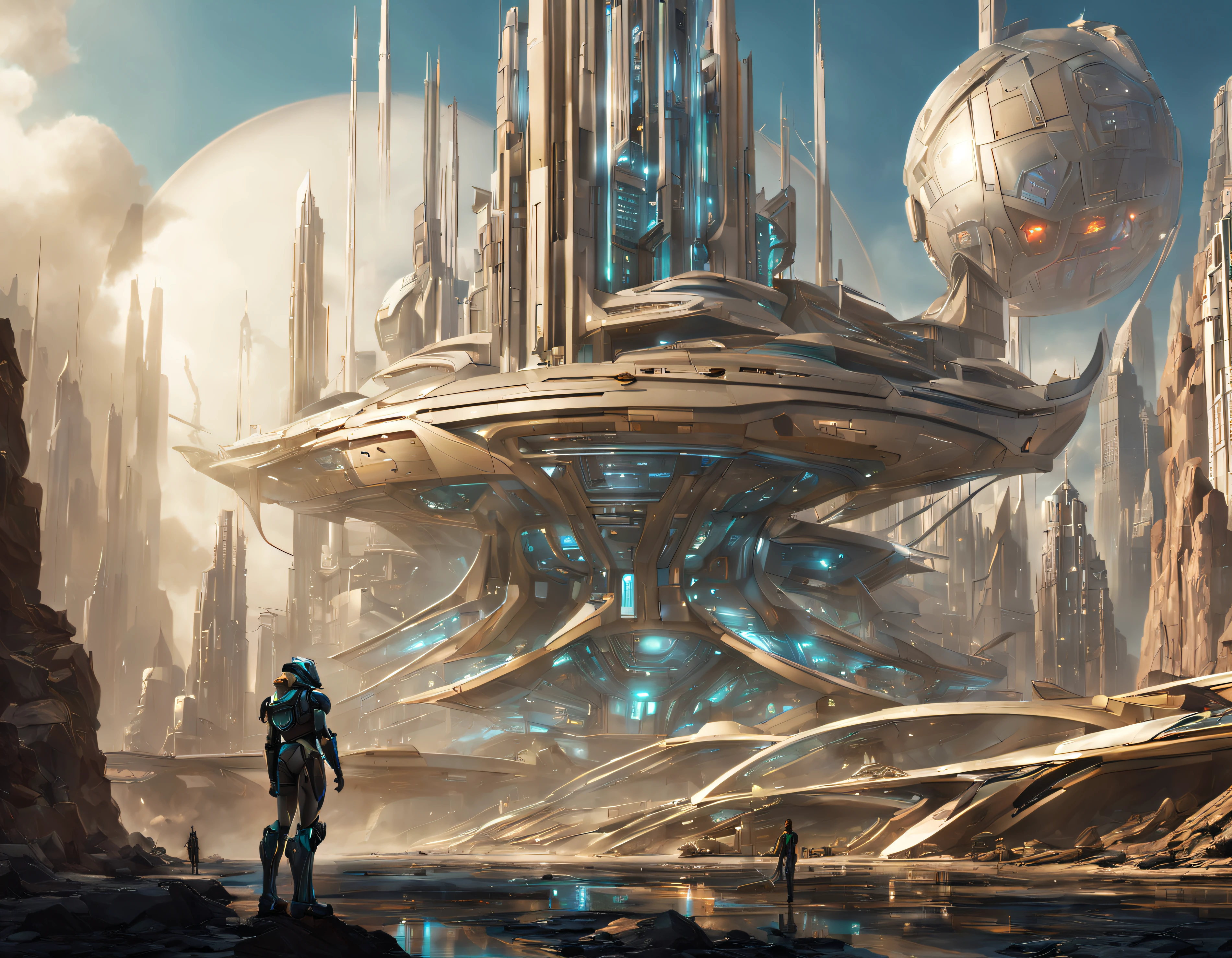 On an unknown planet there is a futuristic city with immense buildings of technological design, con estructuras acristaladas en plata, oro y bronce y maquinarias espectaculares en la que sobrevive un robot femenino espectacular. con colores vivos.