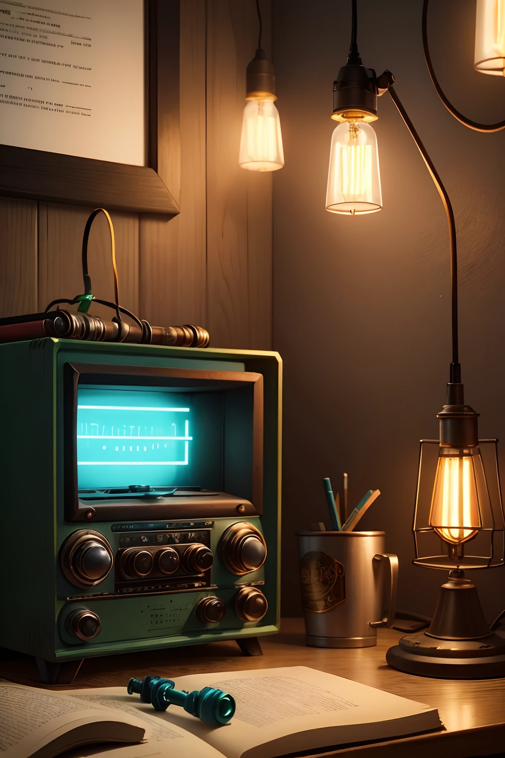 Radio and toy rope parts with lights, With steampunk metal details,Has semi-pastel colors of green and blue, There is a book next to it, Write on the radio Library Radio ,It says micro-hunger( From with).