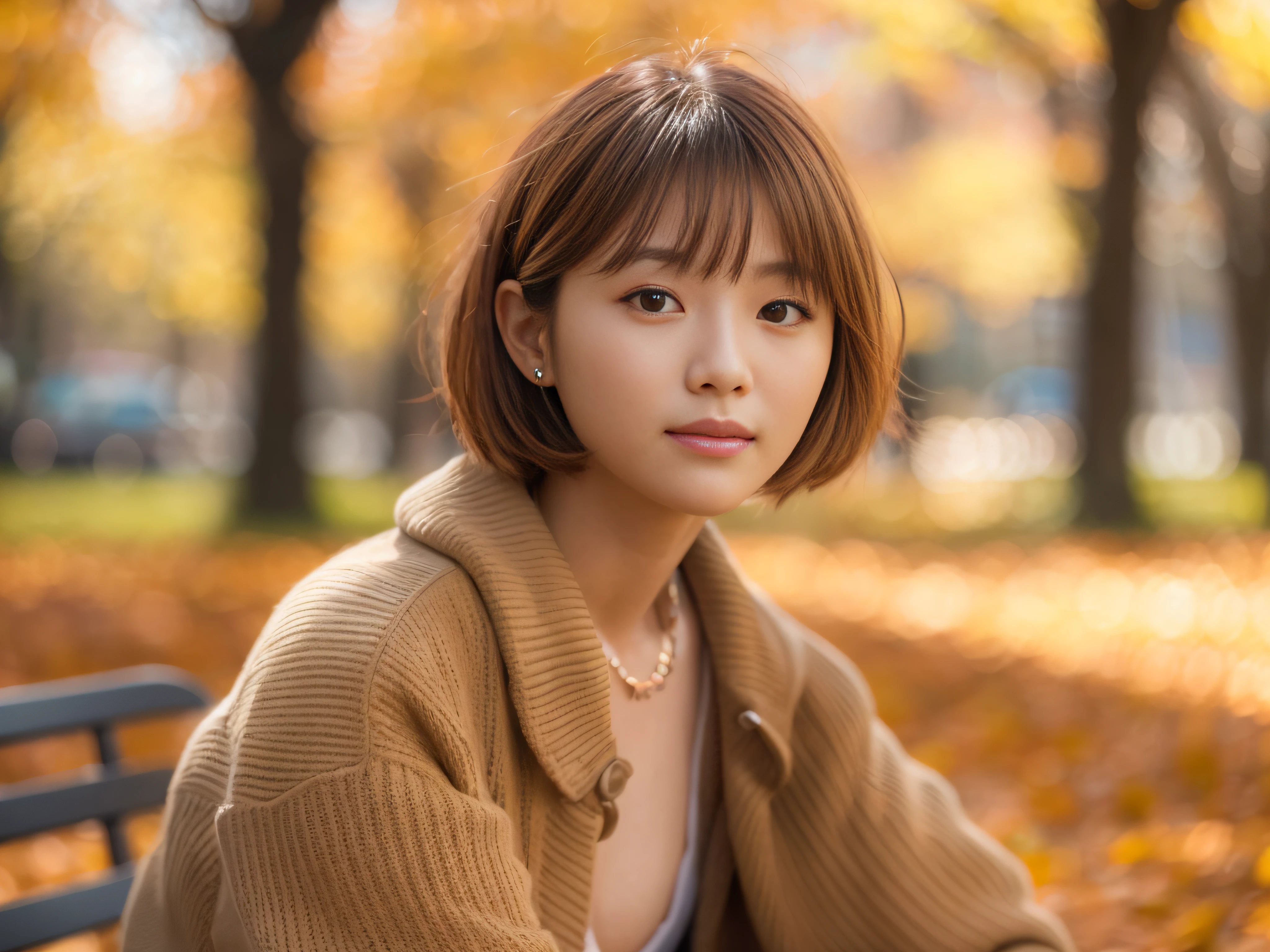 best quality, masterpiece, ultra-detailed, perfect anatomy, Autumn, park, park bench, cardigan, fallen leaves, beautiful girl having fun, very cute and beautiful Korean female idol, short hair, blonde, bob cut, movie scene, first person perspective, soft flare, f/2.2, 200mm, Panasonic, UHD, retina, masterpiece, accurate, anatomically correct, textured skin, super detail, high detail, high quality, top quality, high resolution, 1080P, HD, 4K, 8k
