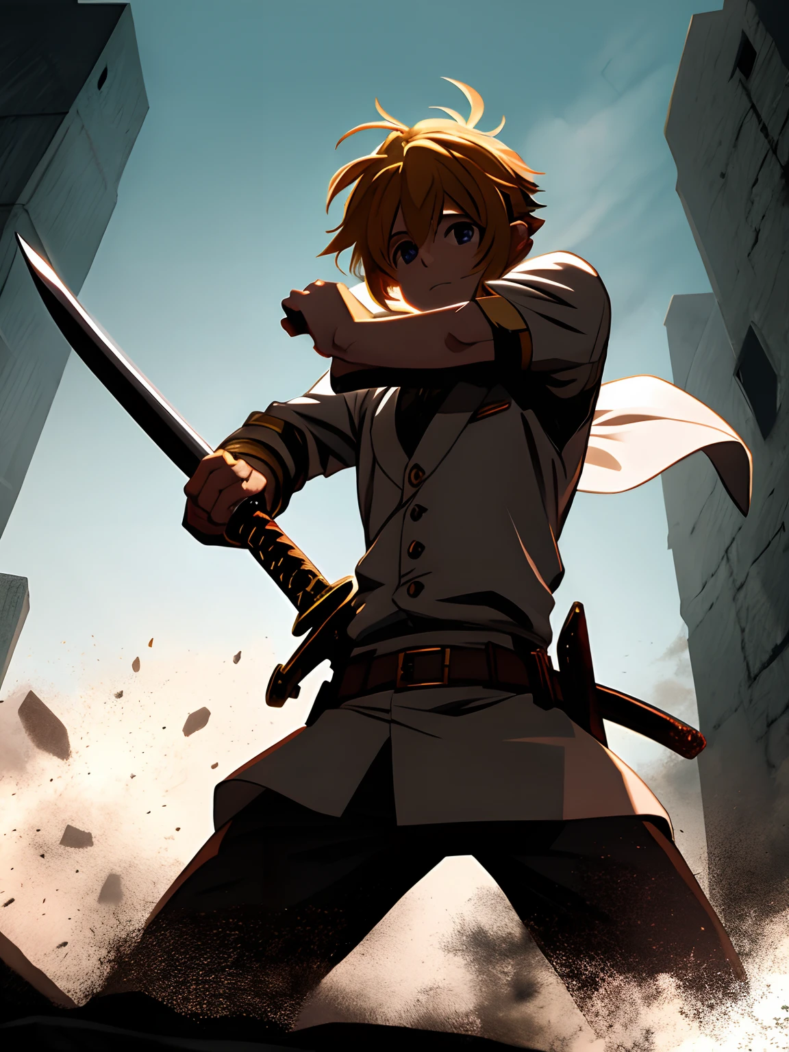 Meliodas holding a sword, he is in position to counterattack
