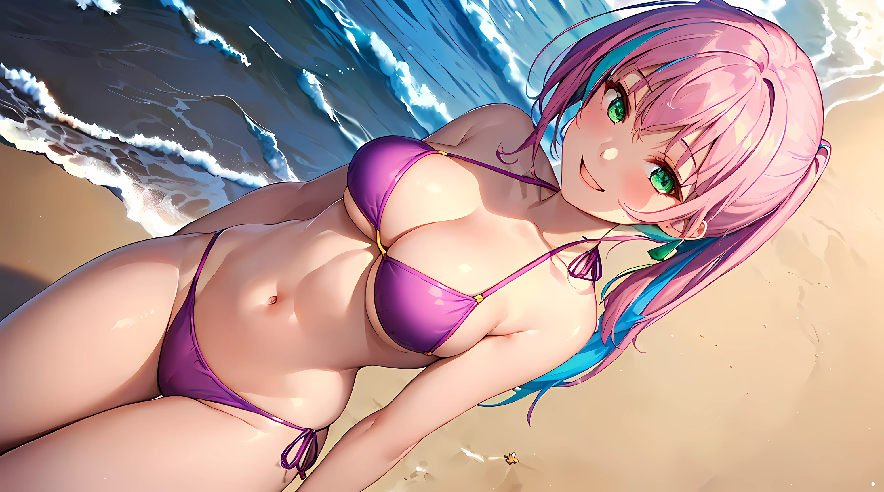 masterpiece, 1girl ((20year old, purple and pink bikini exposes navel, medium breasts, multicolor pink hair, twin ponytails, green eyes, flirting, happy, big smile, standing on a beach, calming and relaxing atmosphere)) ((high camera angle, top view)) ((athletic, perfect model body))