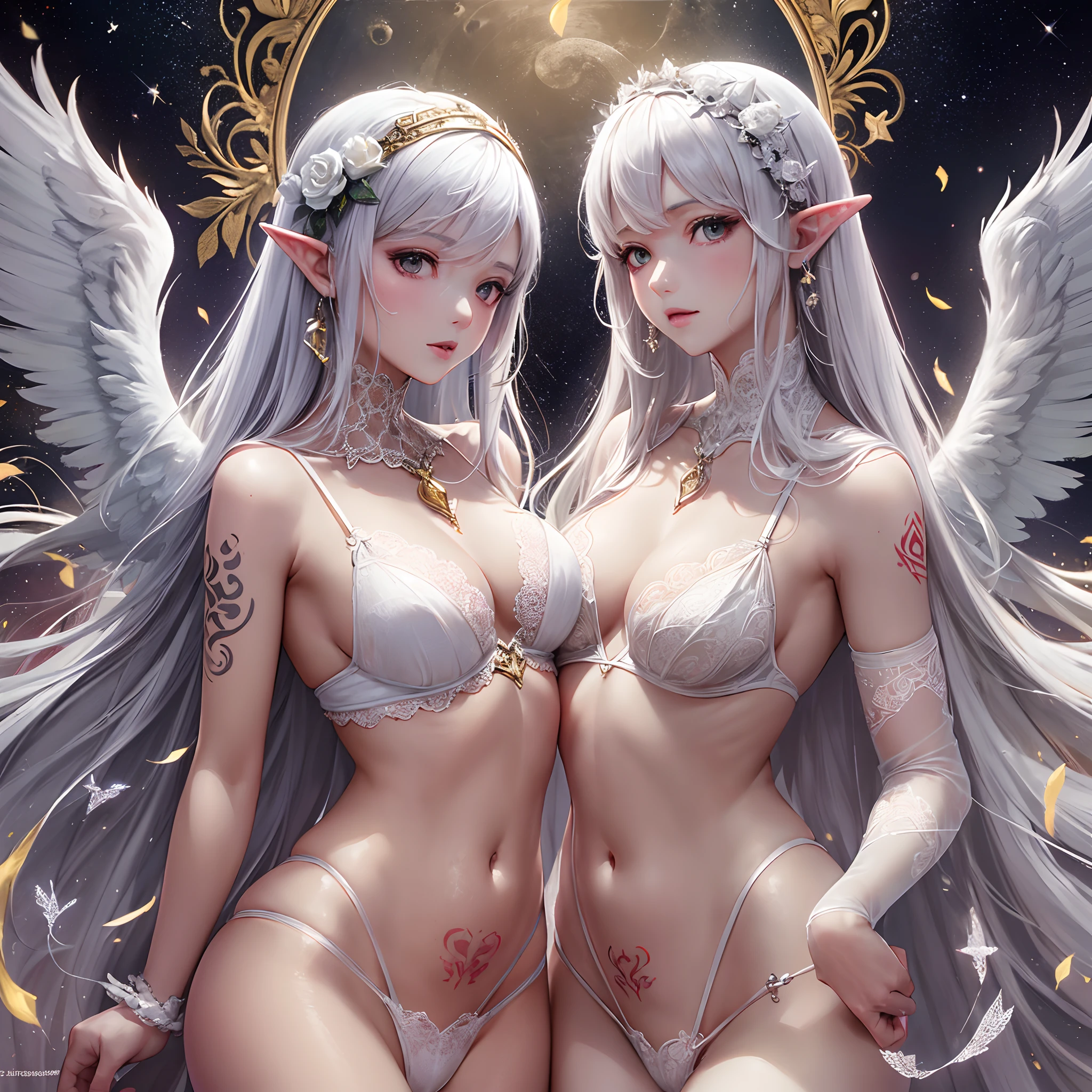 Sisters, Milky Way, Crescent Moon, Meteor Shower, Silver Hair, Feathered Angel Wings, Elven Ears, Transparent Finish, Realistic Body Lines, (((Many long white lace veils flutter in the wind))),((Red tattoo with womb under the navel))))), (Silk gold and silver lingerie), ((((Dirty crest)))
