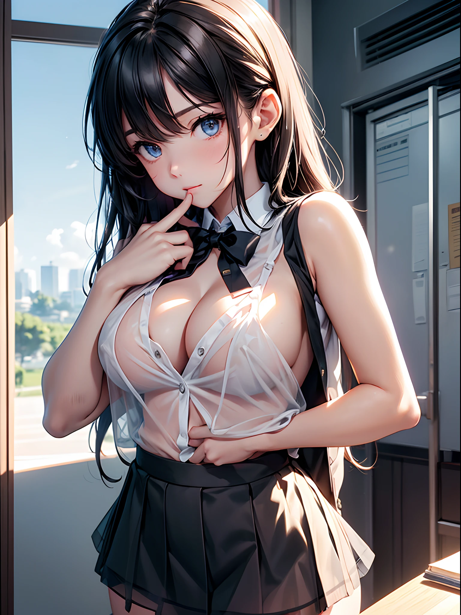 (((toppless))), (((sheer school uniform, Sleeveless ))), (((Show off  cleavage))), (((Large breasts))), (((Open front))), (((Sheer Micro Mini Skirt))), Detailed beautiful eyes, (((Sunny))), extremely detailed CG unified 8k wallpaper, very fine 8KCG wallpaper, (​masterpiece, Best Quality), High resolution, Ultra-detailed, ultra-sharp, 1 girl, Naked, (((Sheer Micro Mini Skirt))), perfecteyes eyes