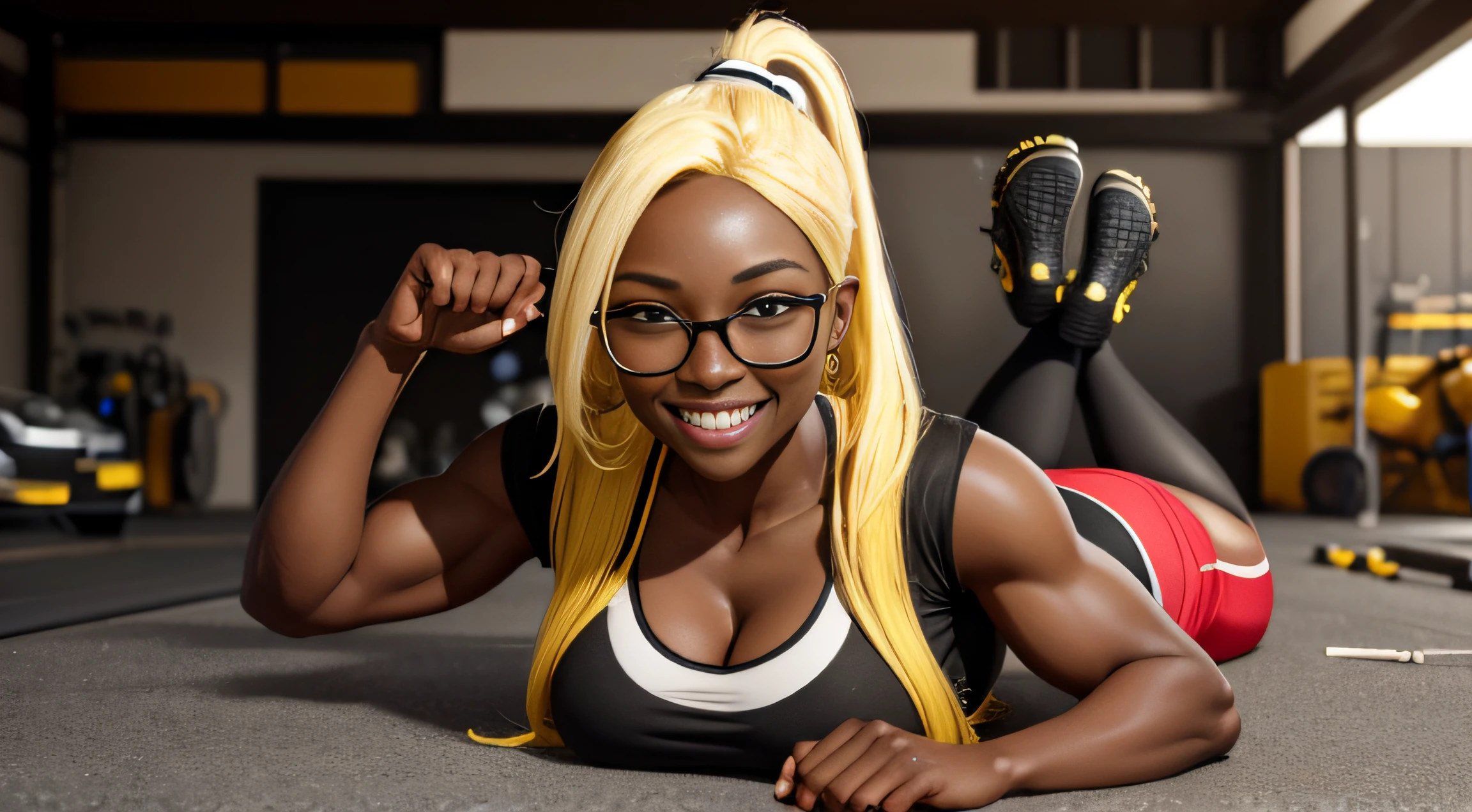 very huge breasts, dark skin, yellow hair, ponytail hair, Happy smile, realistic and detailed hands, realistic and detailed face, realistic and detailed tooth, realistic and detailed foots, realistic and detailed face, full body image, black and white t-shirt, red legging shorts, garage, normal glasses, training, muscles.