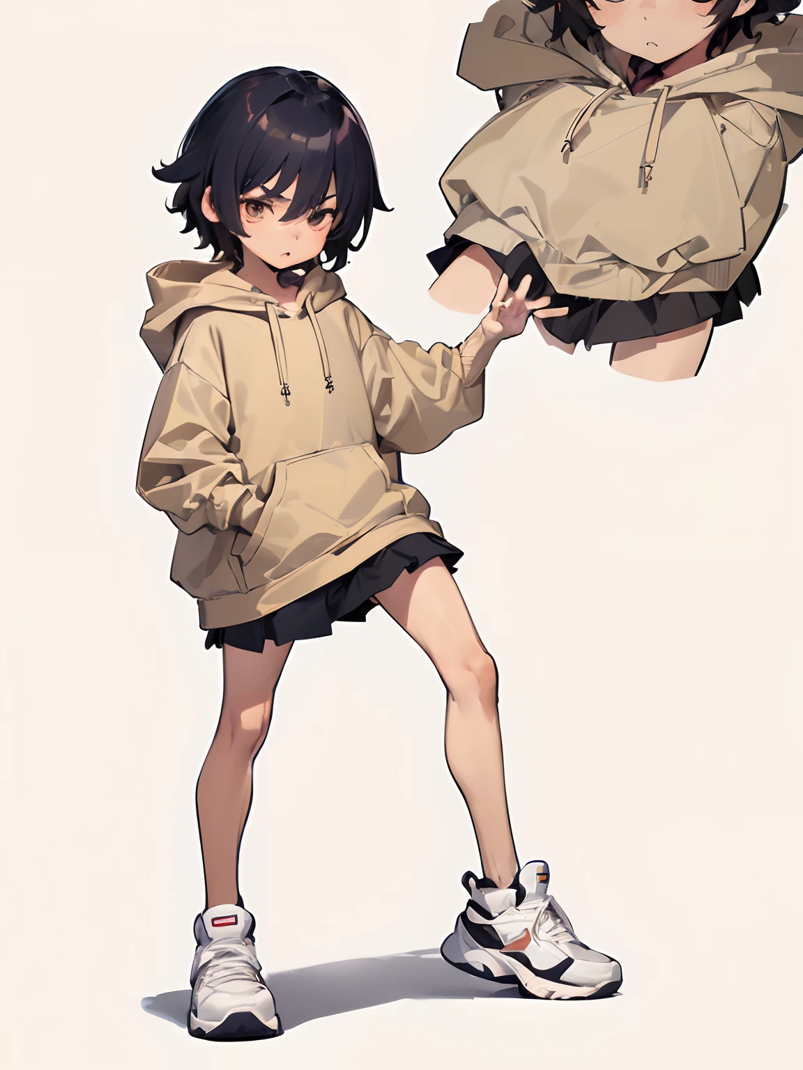 (((7--old ))), ((child))shota))), very short hair, (Oversized beige hoodie), ((beige big hoodie), ((mini-skirt)), ((bare thigh)), ((thigh focus)), sneakers, A small cute bnny)), full body, (best Quality), (Amazing Details:1.2), 8k, official art, extremely detailed CG,erection