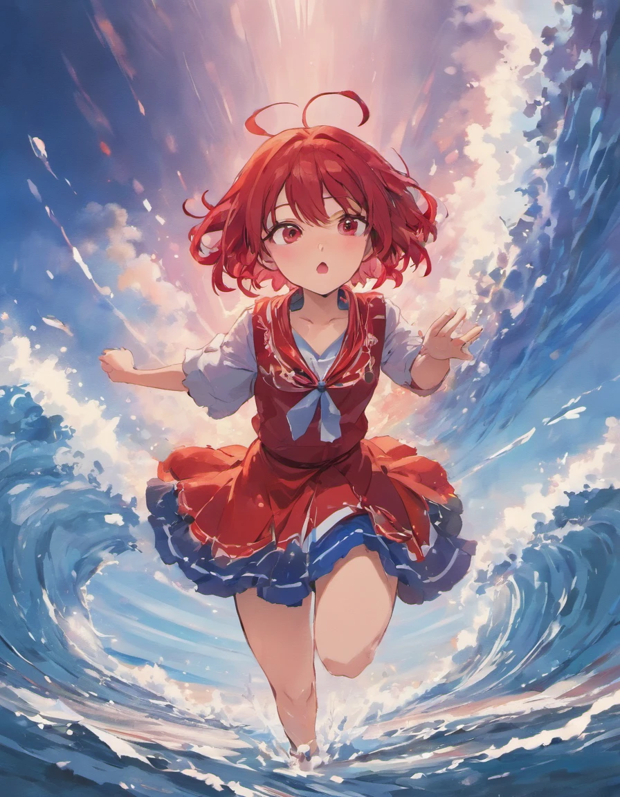 A red book in the middle disperses the waves outward with white clouds