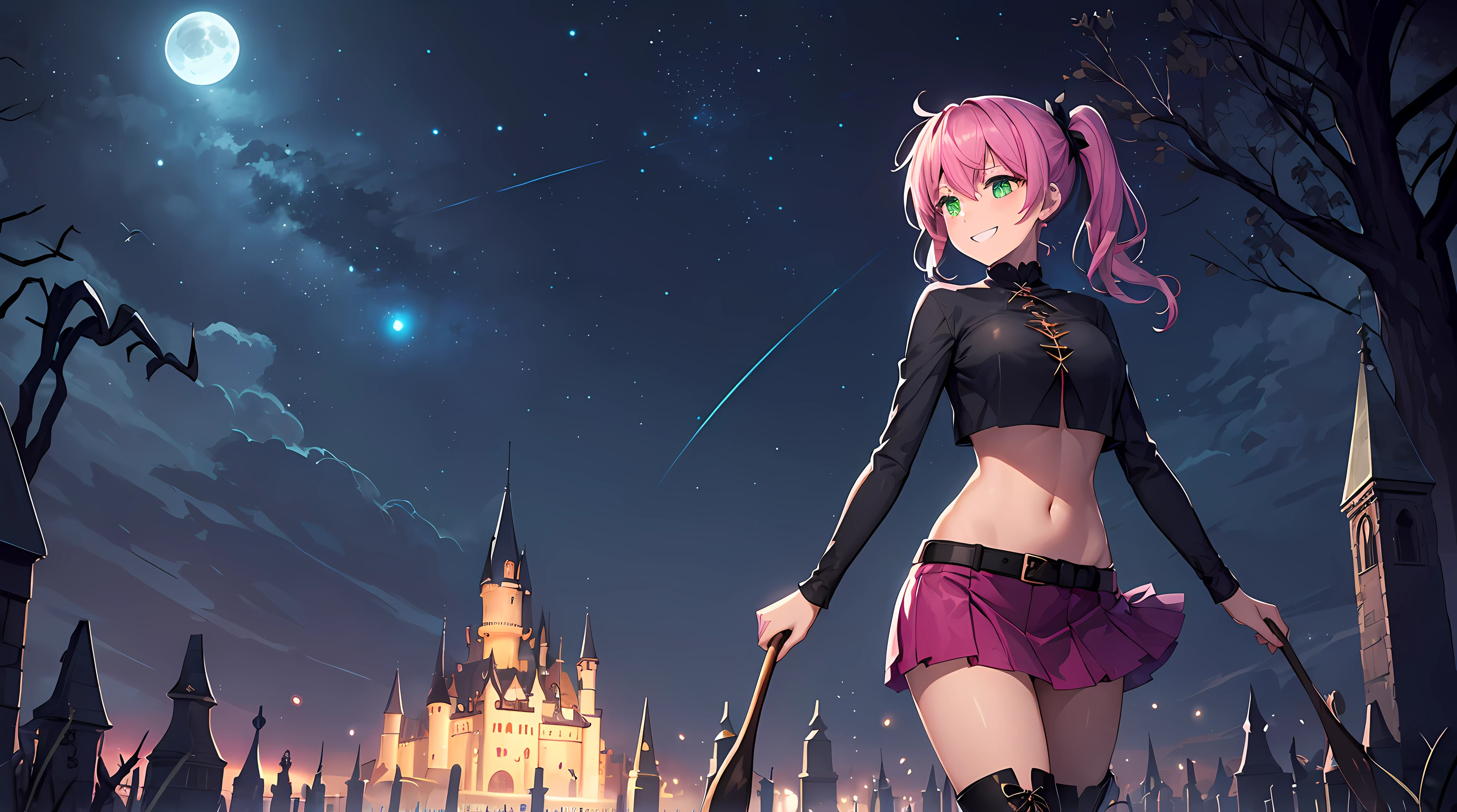 masterpiece, 1girl ((20year old, Witches Outfit, Black crop top shirt exposes navel, purple miniskirt, knee-high boots, edium breasts, multicolor pink hair, twin ponytails, green eyes, flirting, happy, big smile, looking up, witches hat, standing in a graveyard at night, scary and abandoned castle, dark and spooky night atmosphere)) ((nighttime)) ((solo))