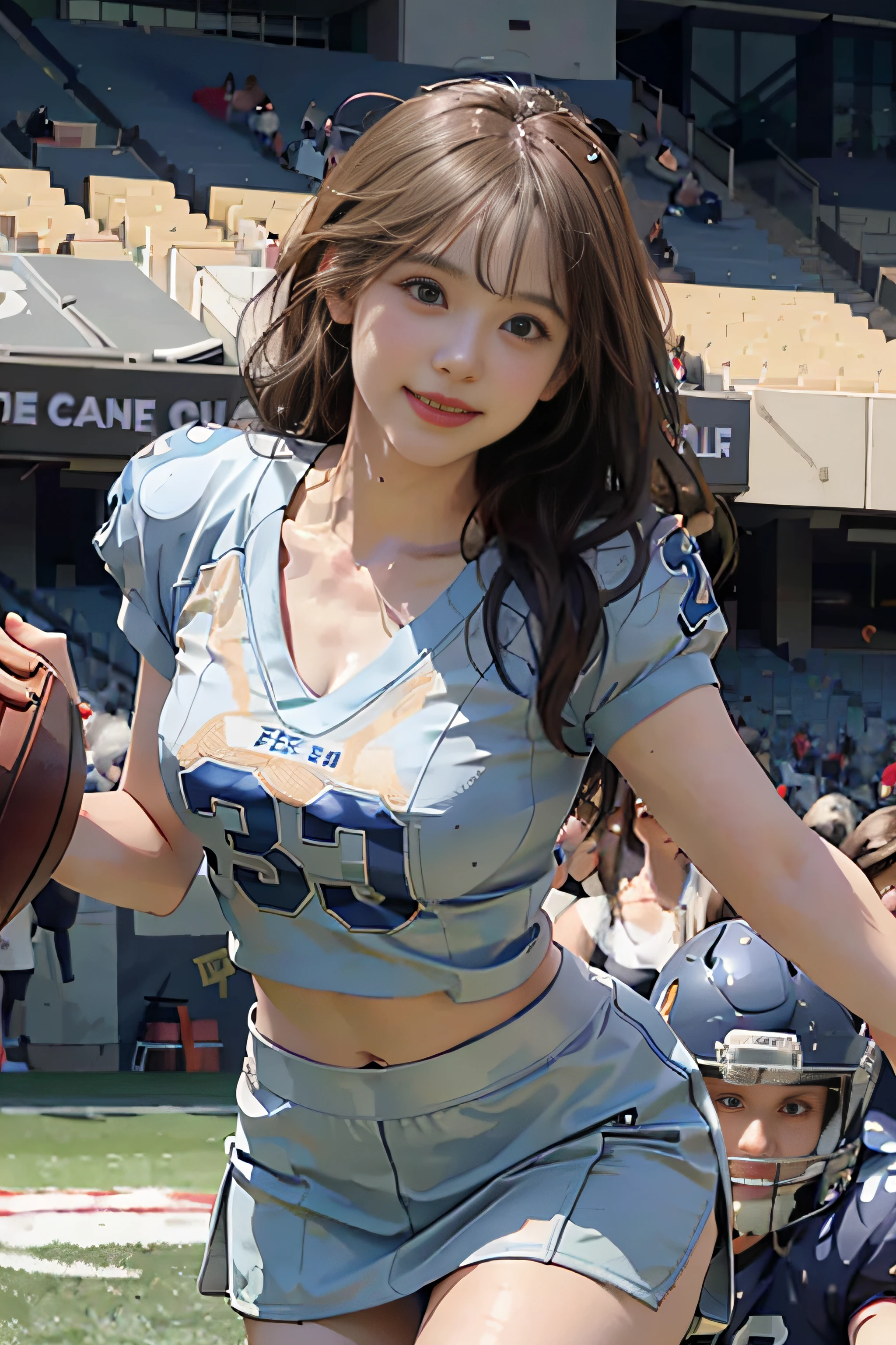 extremely detailed 16K CG unity wallpaper, best quality, masterpiece, raw photography, photorealistic, ultra-high resolution, ultra high res, (dynamic, depth of field, sharp focus:1.3), (correct anatomy:1.5), (intricately detailed face, ultra-realistic skin texture:1.4), from front, (from below:1.3), cowboy shot, 1 girl, solo, looking at viewer, Japanese teen, 17 years old, brown hair, short hair, dark eyes, (bright eyes:1.4), realistic eyes, highly realistic nose and lips, (tall nose:1.3), fairly detailed nose and lips, (light smile:1.5), ((cheerleader:1.5)), (((dancing, raising left leg:1.5))), (tall:1.2), (slender, beautiful breast:1.5), perfect body-proportion, ((sleeveless, V-neck sportswear:1.4)), (((stomach cutout, naval:1.3))), ((mini skirt:1.4)), (((skirt is blown up, panty, highly detailed thigh:1.5))), professional photo, cinematic lighting, dynamic angle, sharp focus, depth of field, ((outdoor, noon, summer, stadium:1.5))