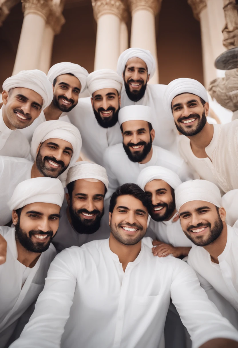 close shot of group of Arabic men in a white marble statues shape and style , facing the viewer, the front man holding a phone as if they are taking selfie together, facing the camera, real selfie, smiling at the camera, ultra high details, High contrast between light and shadow, professional photo-shooting, List of Utreria, Amount of light, cinematic light