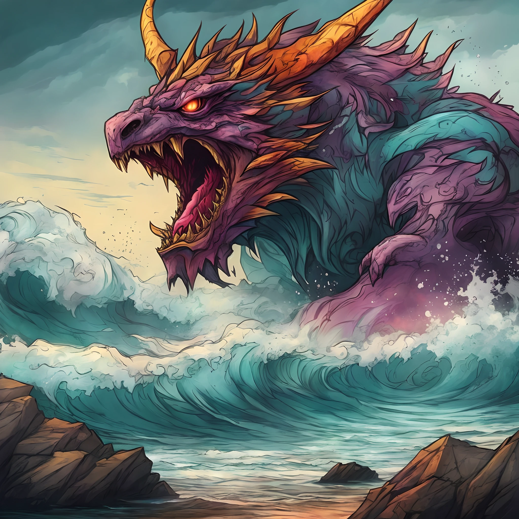 a cartoon dragon is riding a wave in the ocean, epic full color illustration, monster ashore, sea monster, fantasy hearthstone art style, scary sea monster, fractal thunder dan mumford, epic fantasy art style, highly detailed digital painting, detailed digital 2d fantasy art, giant kaiju dragon monster, digital painting highly detailed, in hearthstone art style, epic fantasy digital art style