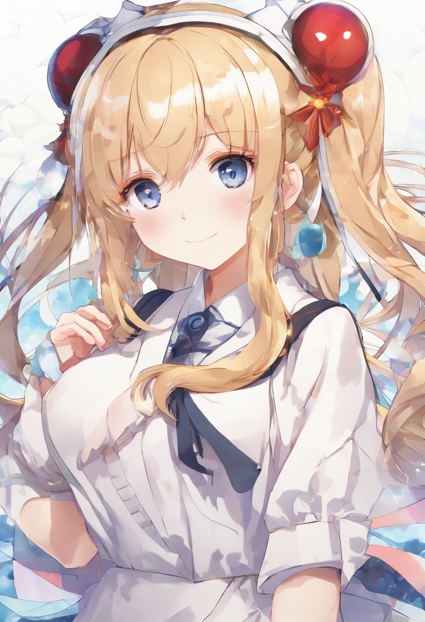 best quality, white background, whole body, wide shot, ultra detailed, Japanese anime style, 1 loli girl, whole body, two side up gold hair, odd eyes, sleeves past wrists, happy smile