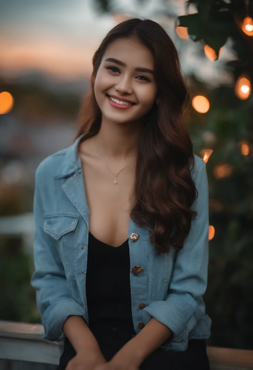 masutepiece, Best Quality, 8K, 15yo student, Teen, Raw photo, absurderes, award winning portrait, Smile, Smile, Solo, Night, neons, Idol face, violaceaess, gardeniass, Delicate girl, Upper body, Digital SLR, Looking at Viewer, Candid, Sophisticated, zora々Right, Thin arms, Professional Lighting, Film grain, chromatic abberation, (Eyes and faces with detailed:1.0), (Bokeh:1.1)