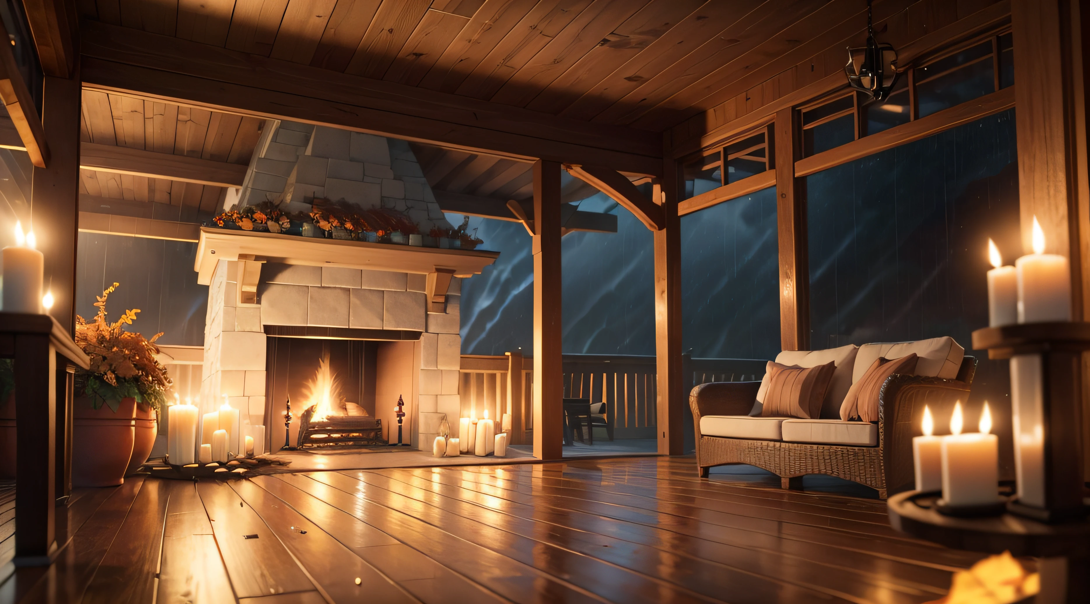 Ultra realistic- wide shot , rainy morning ThunderStorm, Ultra realistic Fireplace, bright and airy large open back porch view, a lot of candles, , , ultra realisticAutumn scene