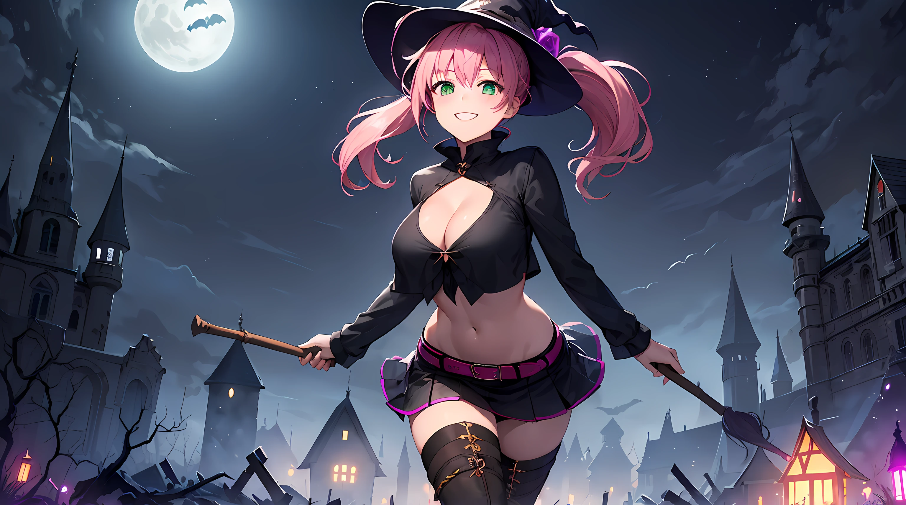 masterpiece, 1girl ((20year old, Witches Outfit, Black crop top shirt exposes navel, purple miniskirt, knee-high boots, edium breasts, multicolor pink hair, twin ponytails, green eyes, flirting, happy, big smile, looking up, witches hat, standing in a graveyard at night, scary and abandoned castle, dark and spooky night atmosphere)) ((nighttime)) ((solo))