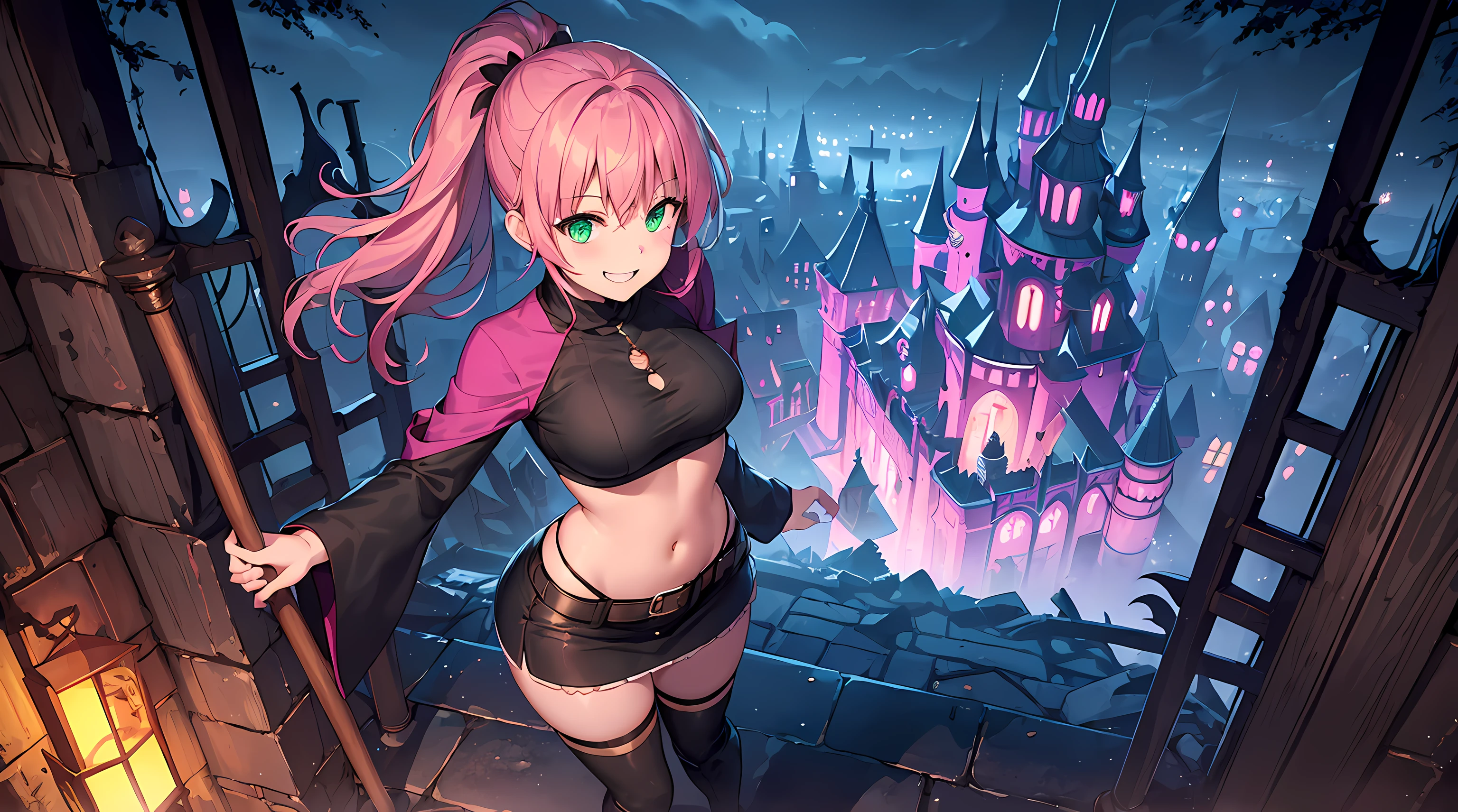 masterpiece, 1girl ((20year old, Witches Outfit, Black crop top shirt exposes navel, purple miniskirt, knee-high boots, edium breasts, multicolor pink hair, twin ponytails, green eyes, flirting, happy, big smile, looking up, witches hat, standing in a graveyard at night, scary and abandoned castle, dark, scary and spooky night atmosphere)) ((nighttime)) ((solo)) ((high camera angle, top view))